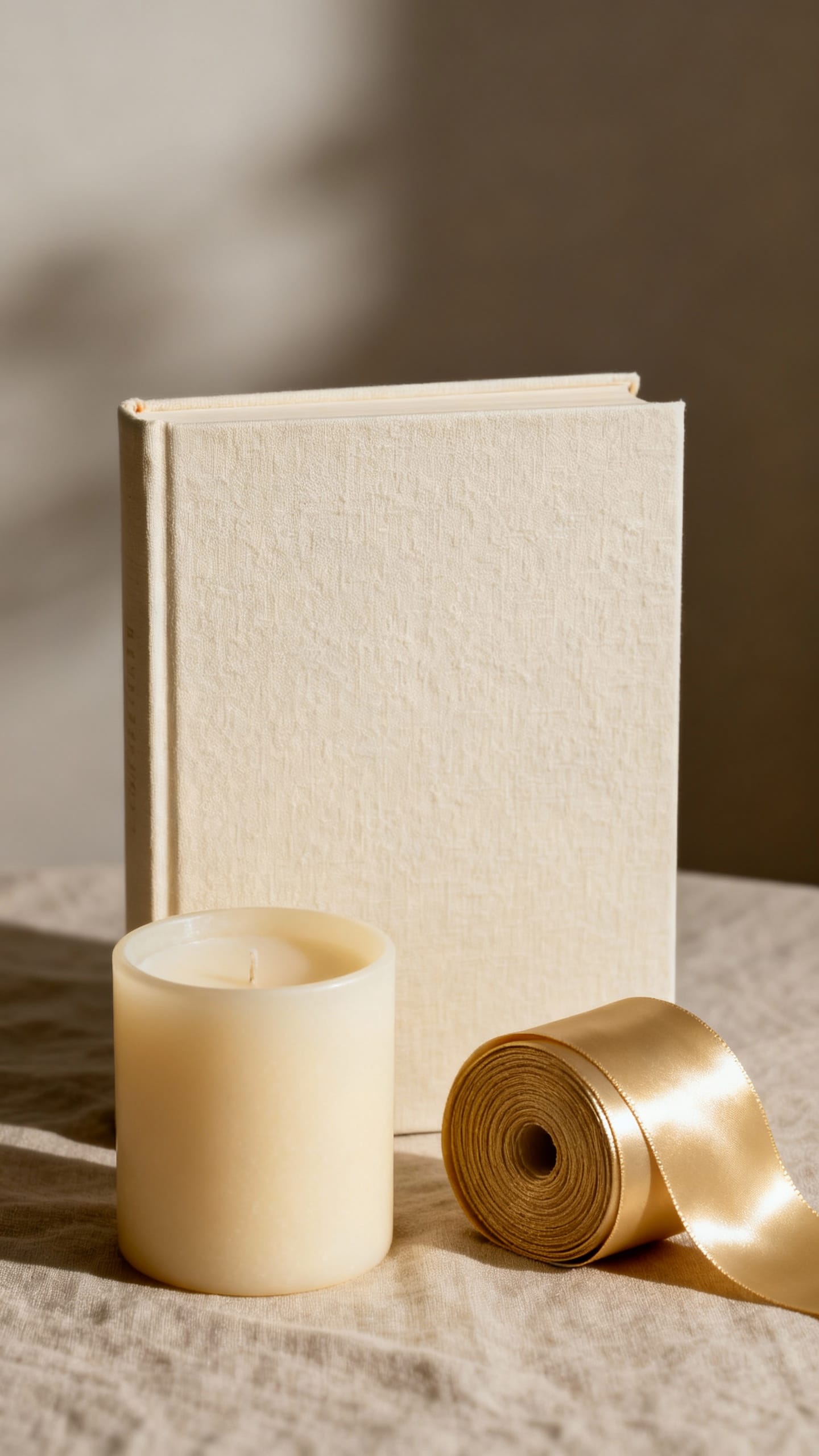 cohesive gift trio: book, candle, silk ribbon