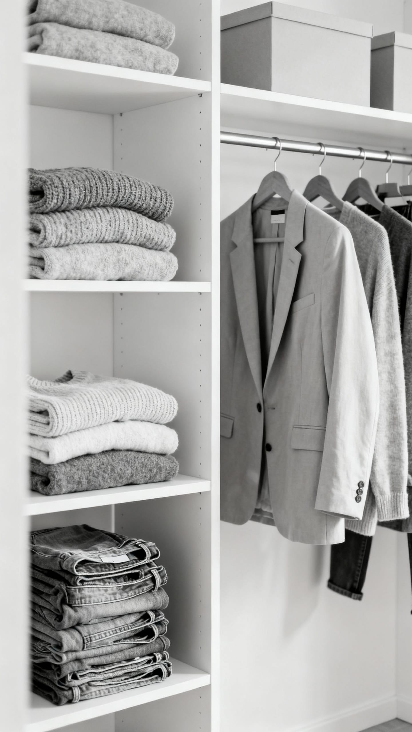 neatly arranged capsule wardrobe on minimalist clothing rack