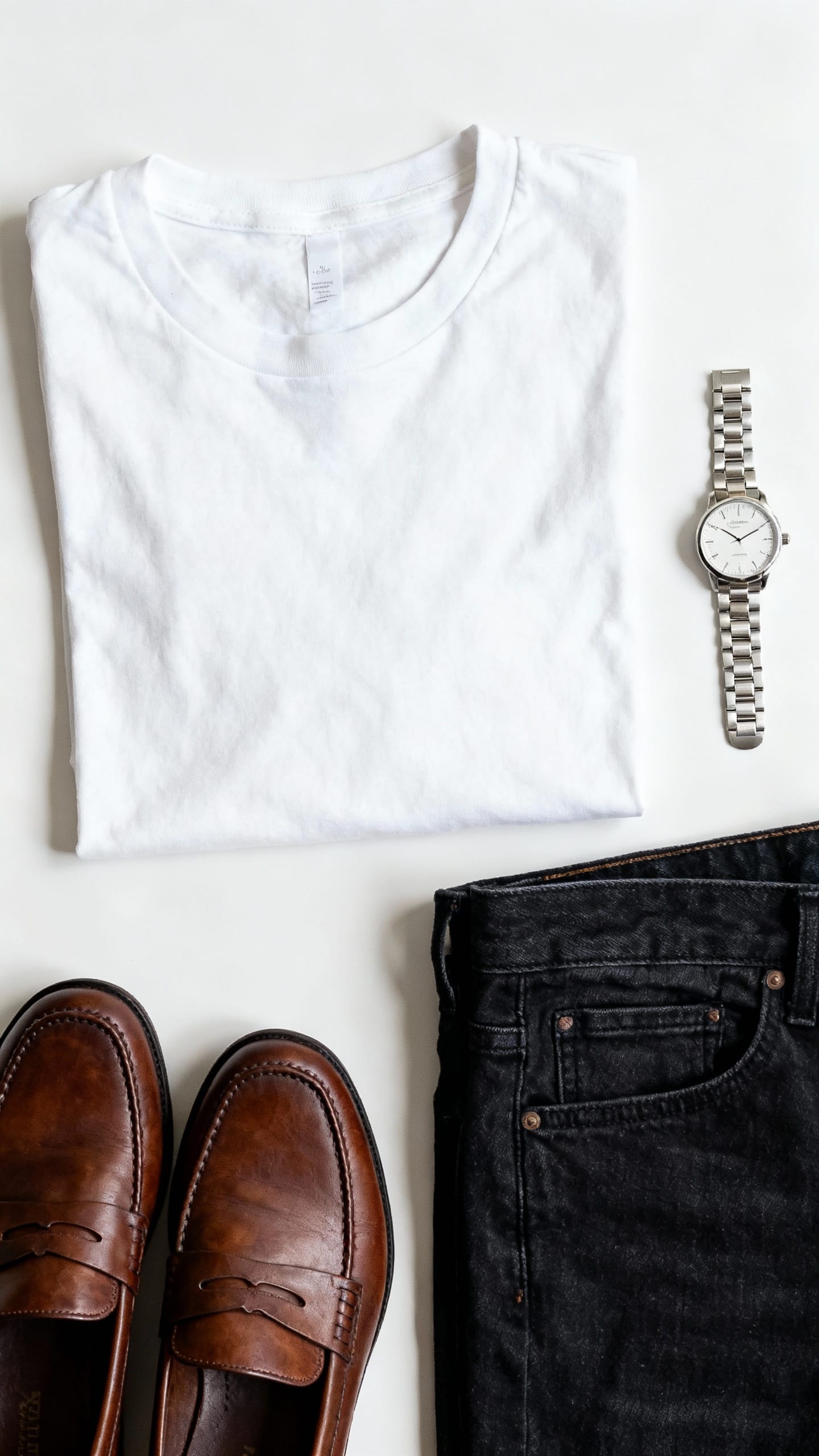 flat lay: white tee, dark jeans, loafers, watch