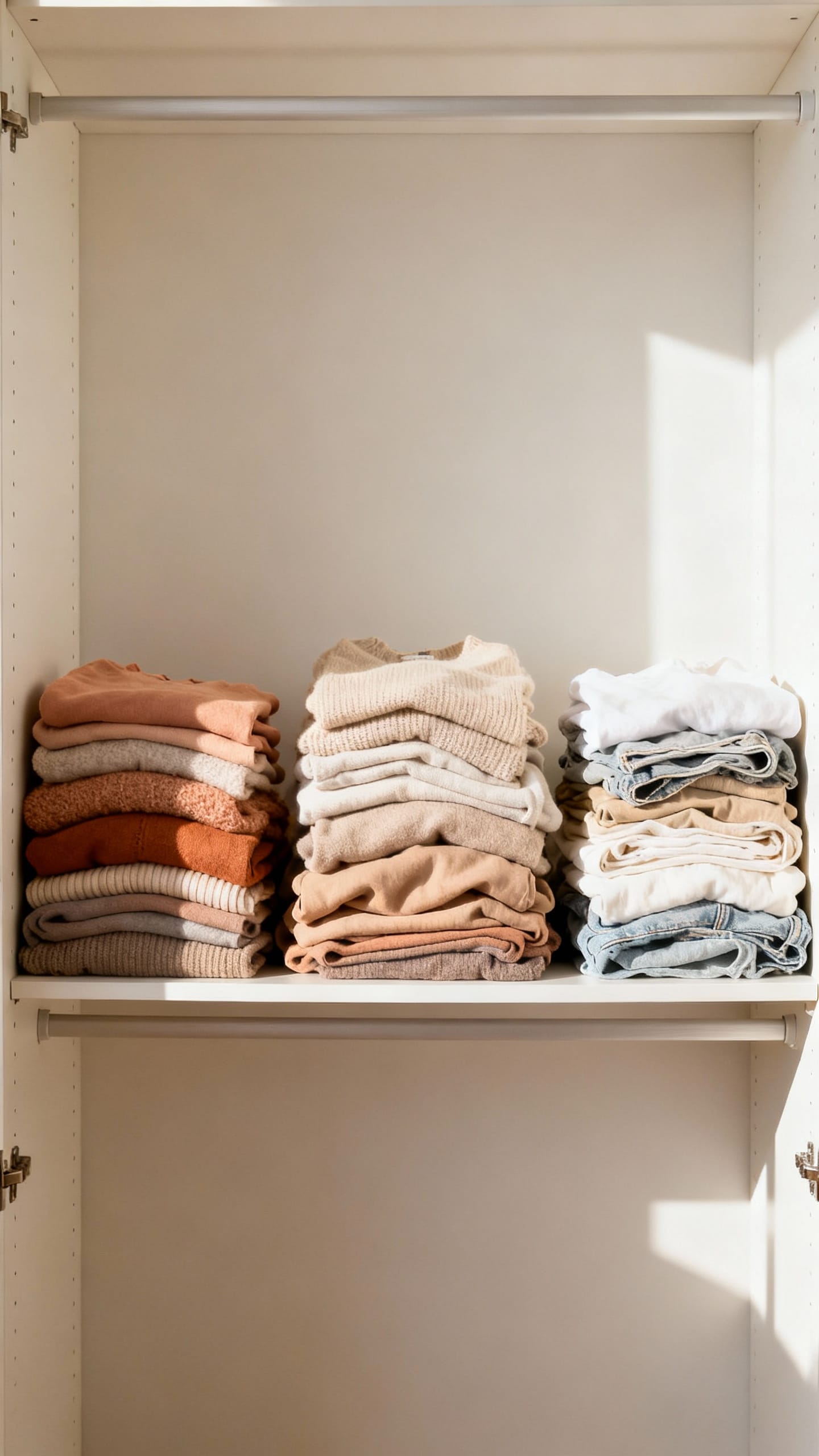 neatly organized closet with labeled piles: love, maybe, donate