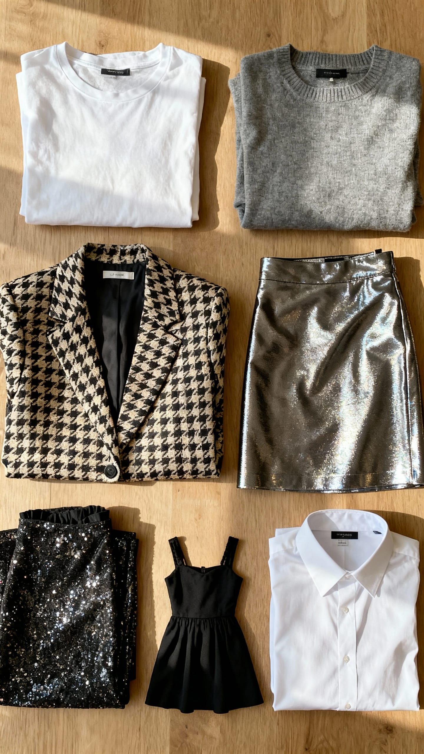 well-lit wardrobe audit flat lay: basics, statement pieces, occasion