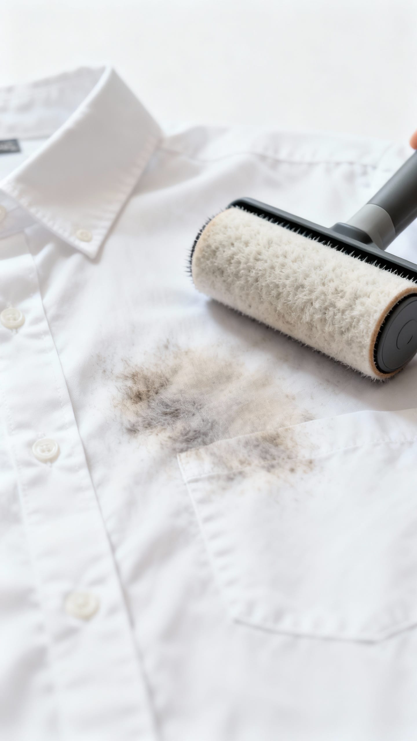 stain removal close-up on white shirt, lint roller and brush