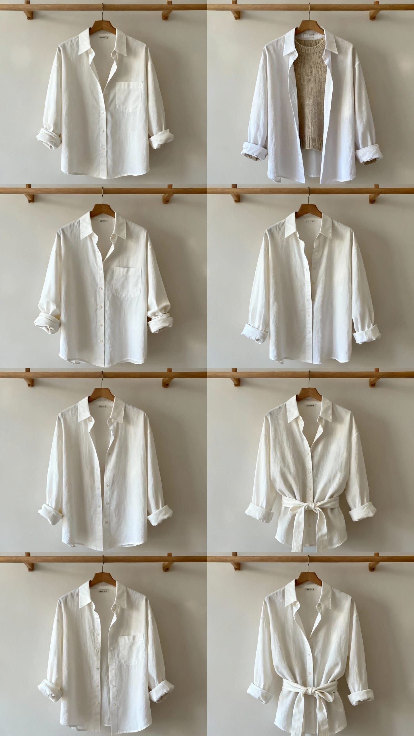White button-down styled four ways on minimalist clothing rack