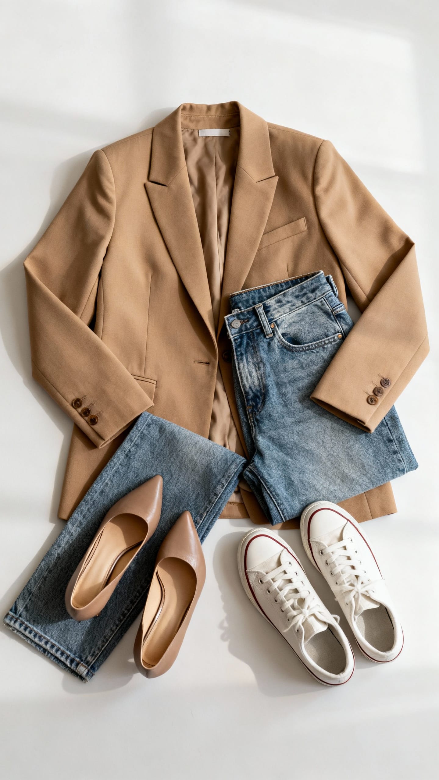 Camel blazer with jeans, heels, and sneakers flat lay