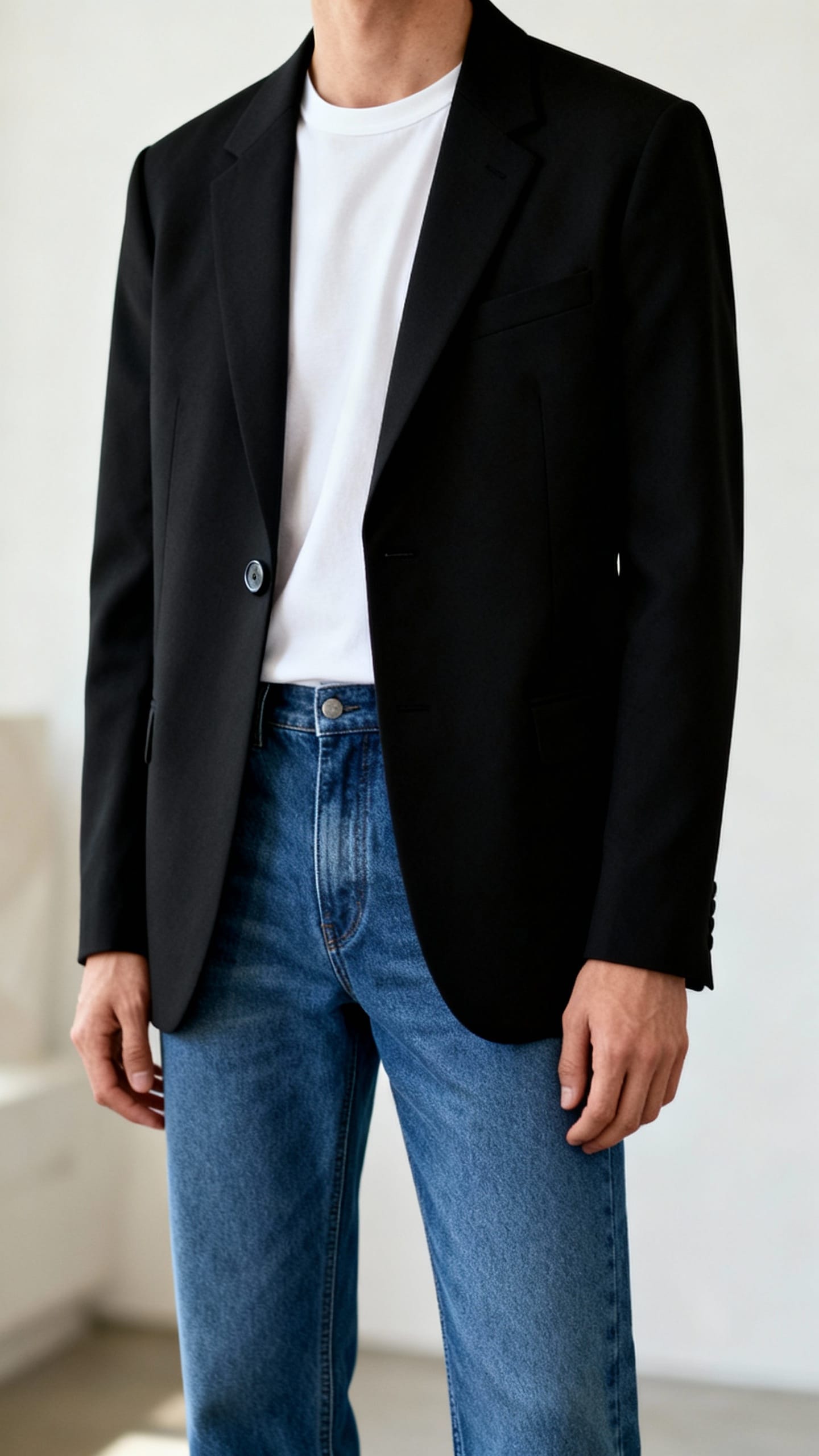 Straight-leg jeans with white tee and structured blazer ensemble