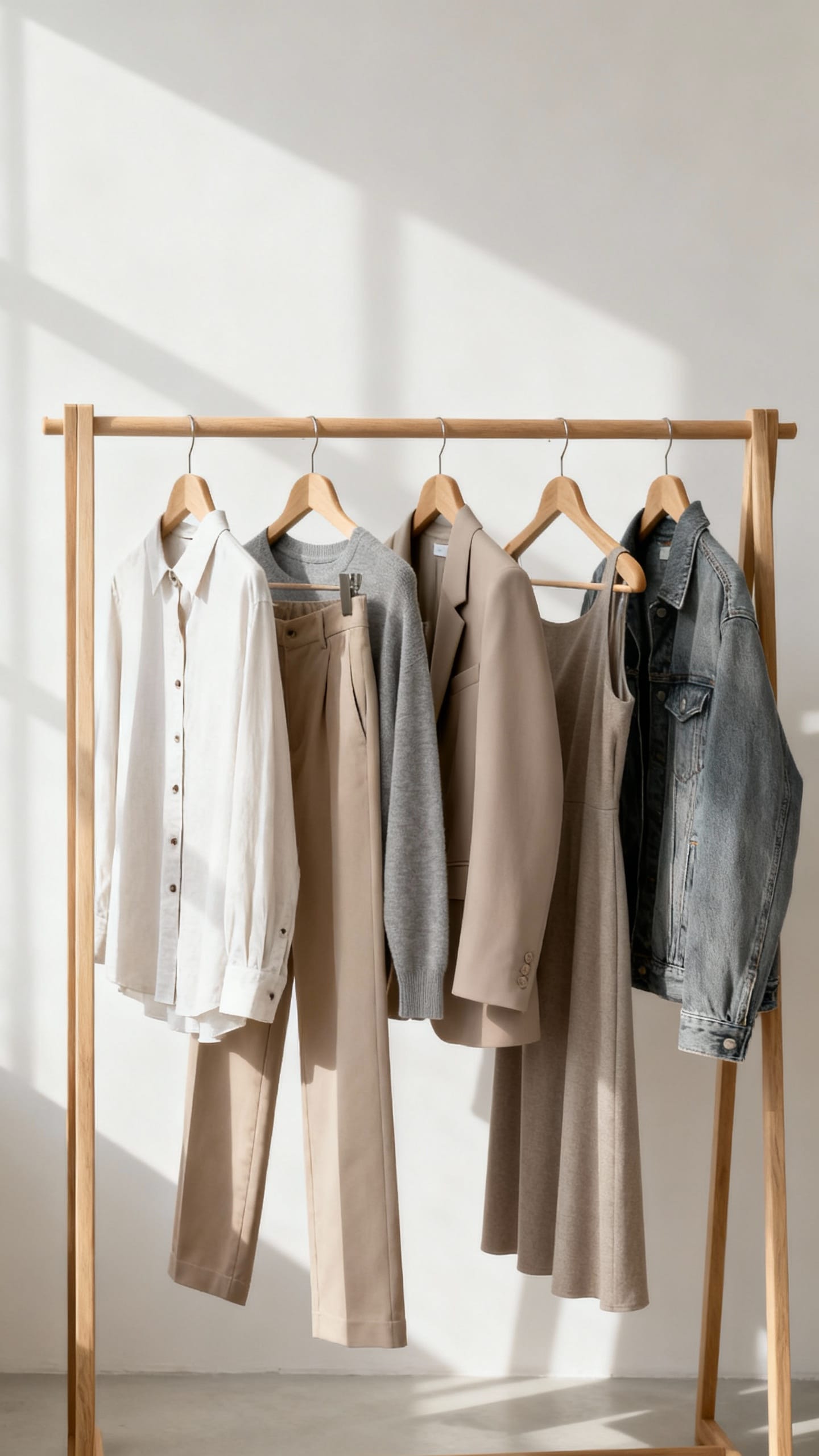 neutral-toned capsule wardrobe on minimalist clothing rack