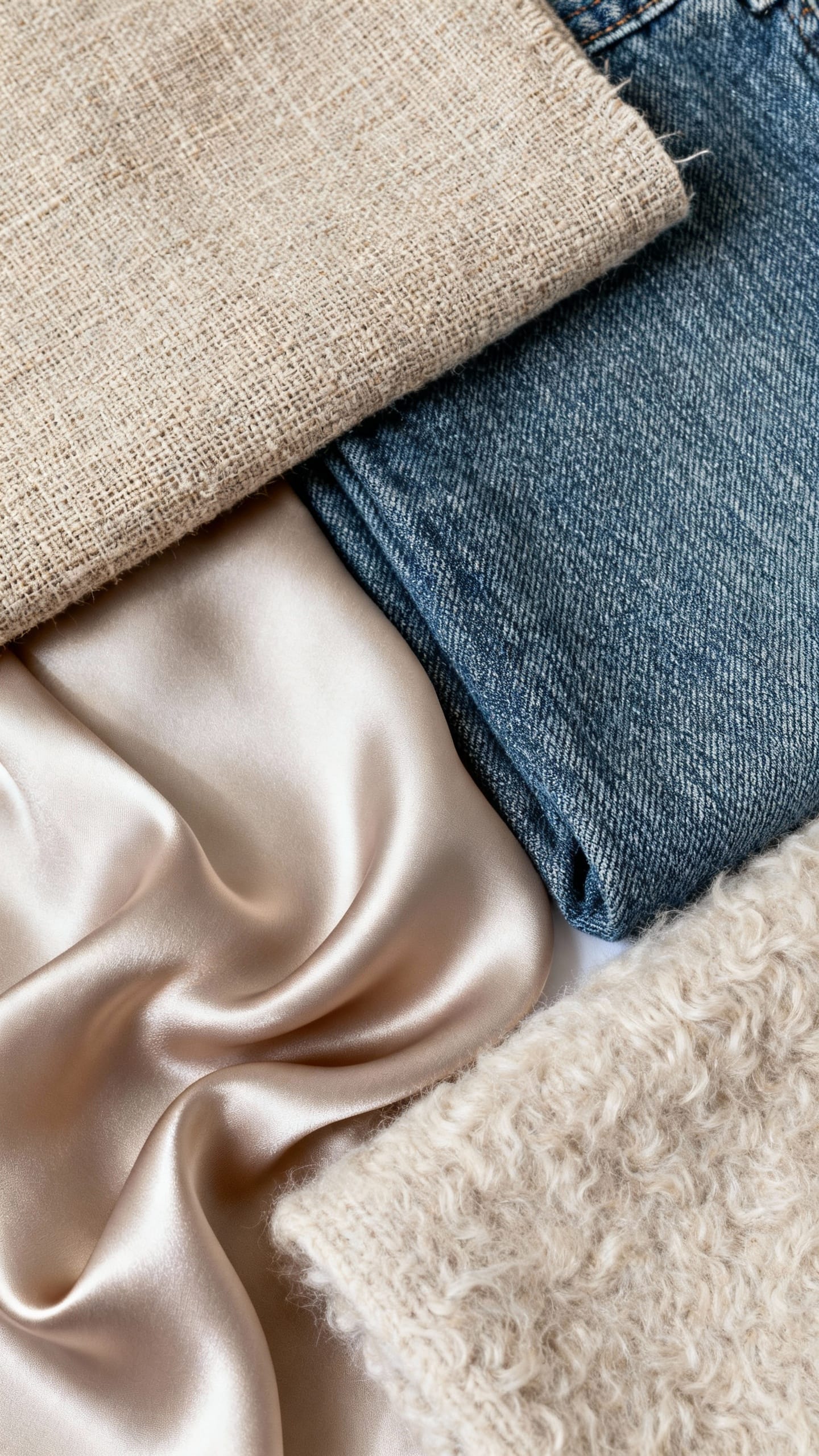 textured fabrics flatlay: linen, denim, silk, wool