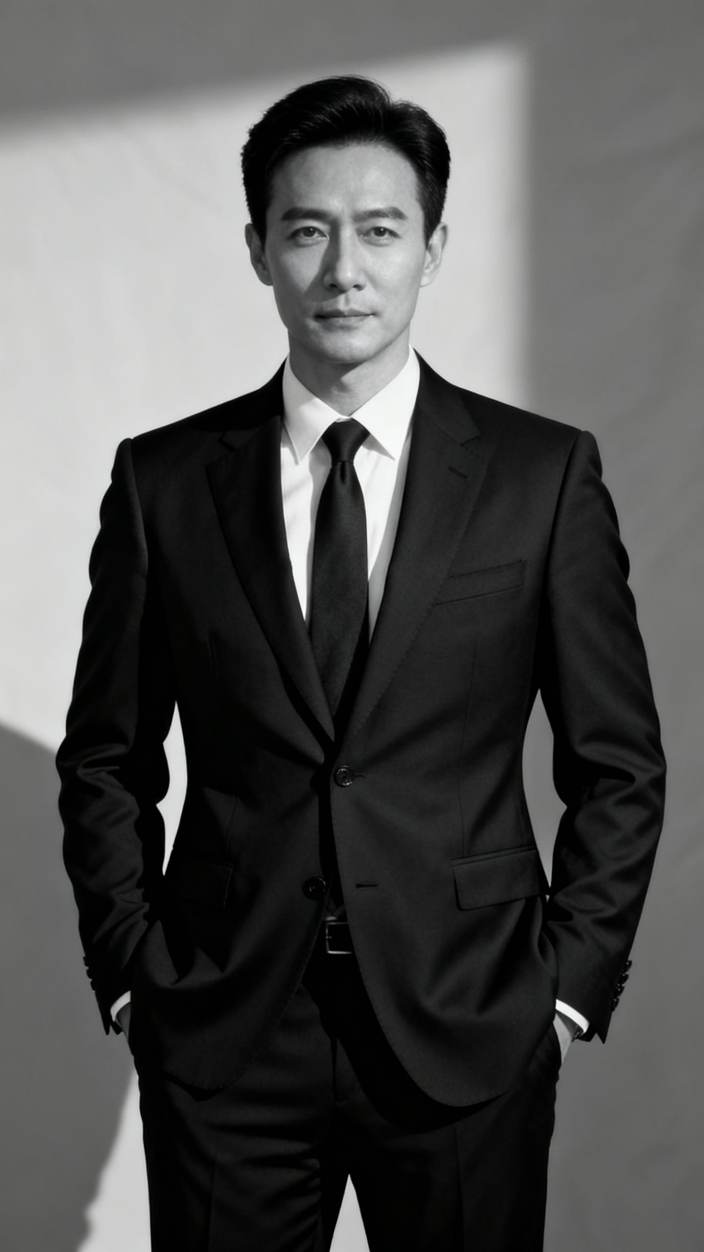 confident professional in monochrome suit against plain backdrop