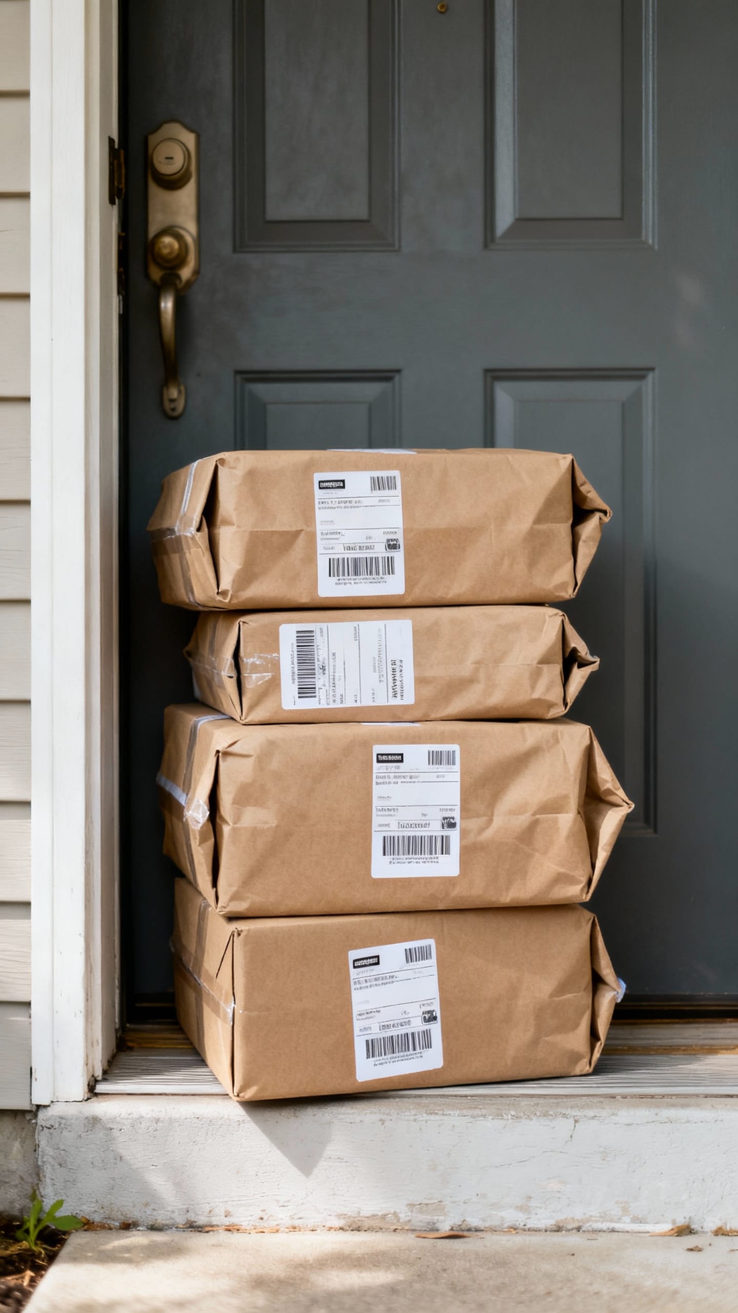 unopened clothing packages piled at doorstep, shipping labels visible