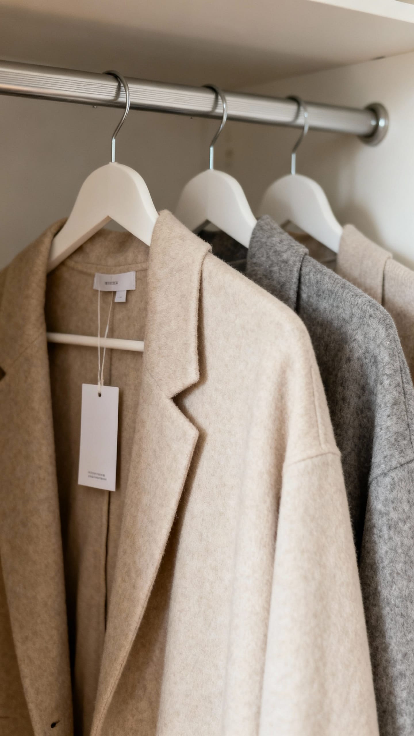 closet rod with clothes still tagged, neutral background lighting