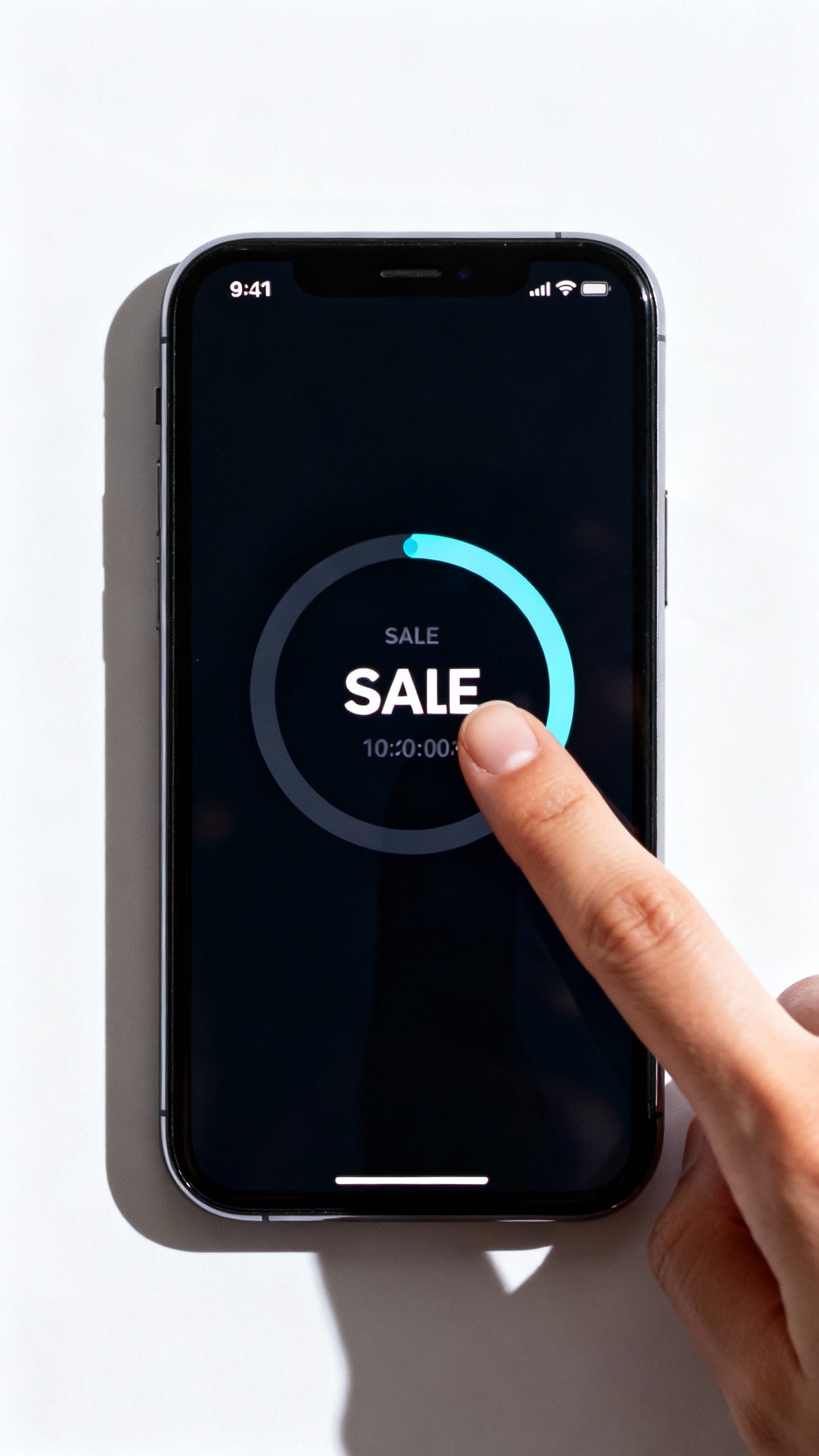 smartphone screen showing sale countdown timer, finger hovering