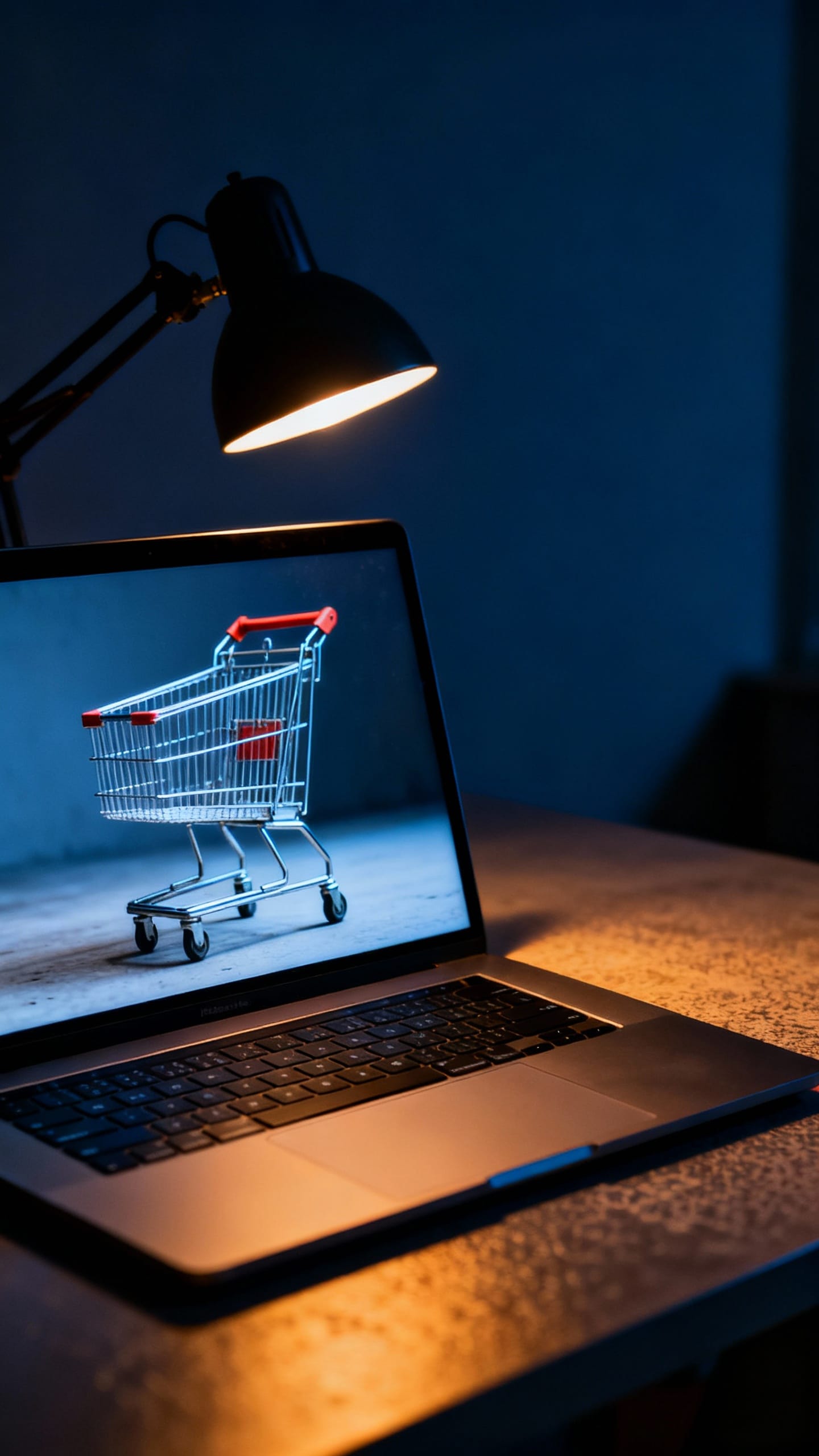 shopping cart abandoned at midnight laptop screen, dim desk lamp