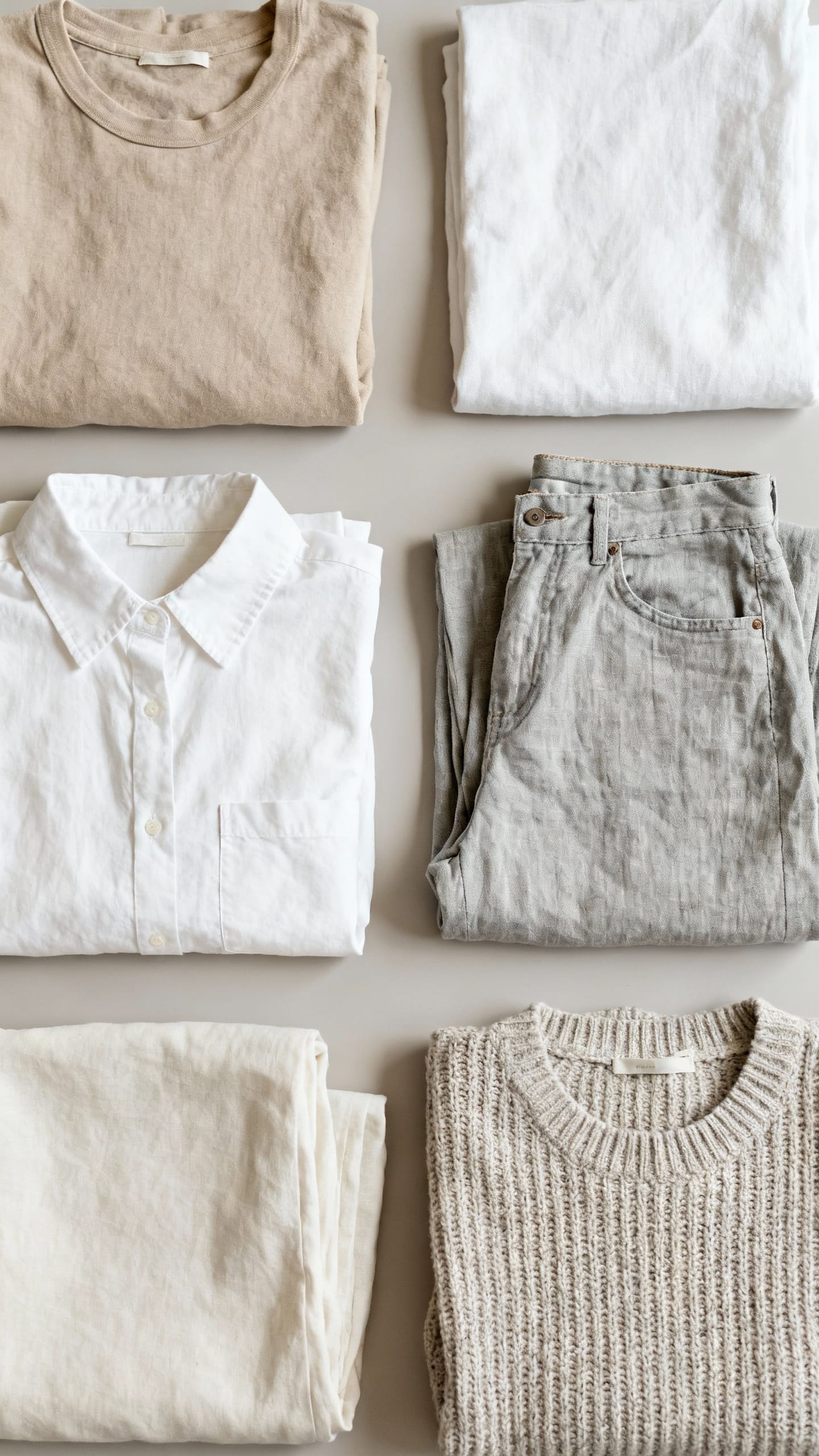 Wardrobe flatlay: neutral pieces, clean relaxed confident labels