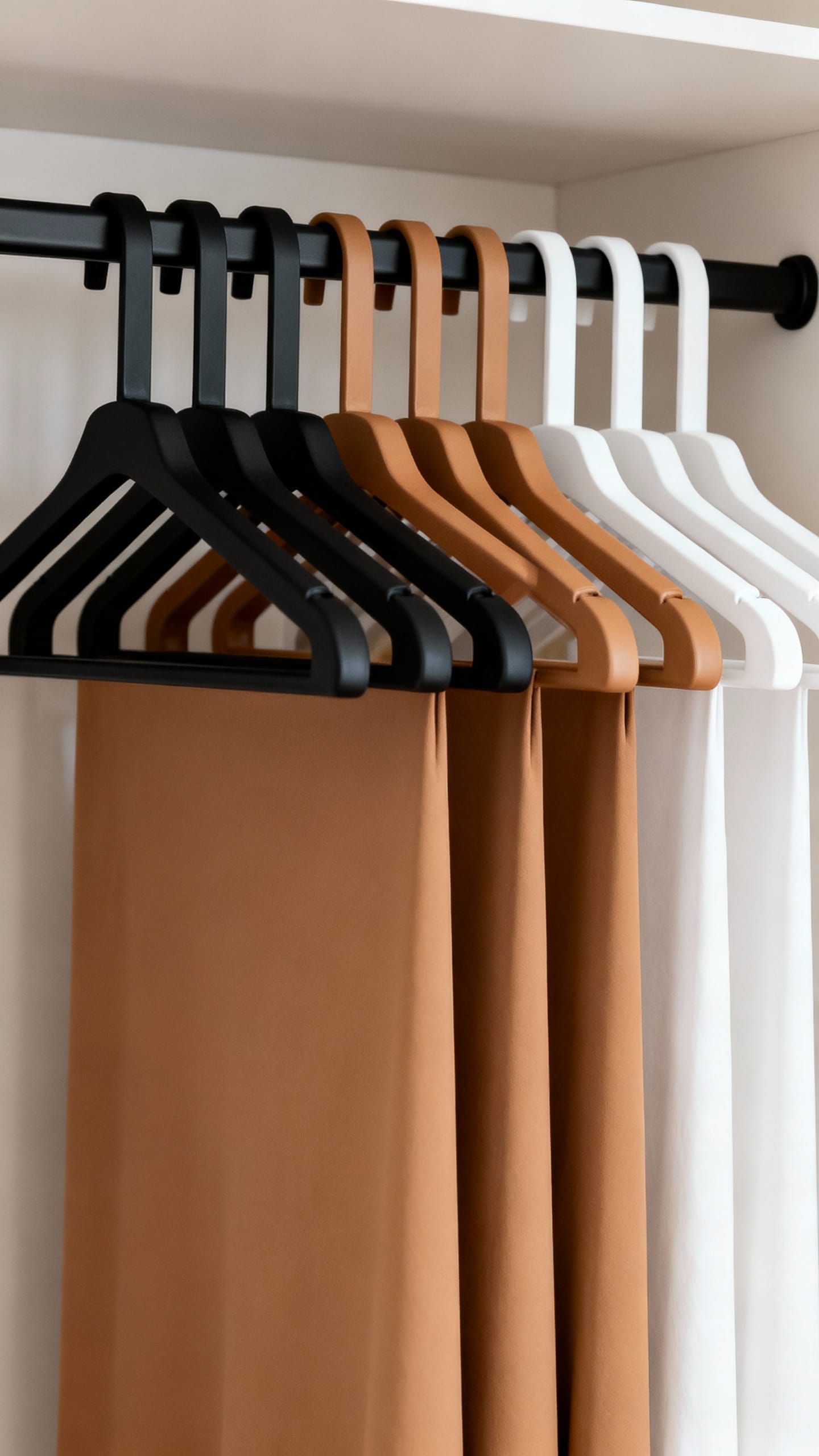Closet rail: repeating black, camel, white; simple proportions