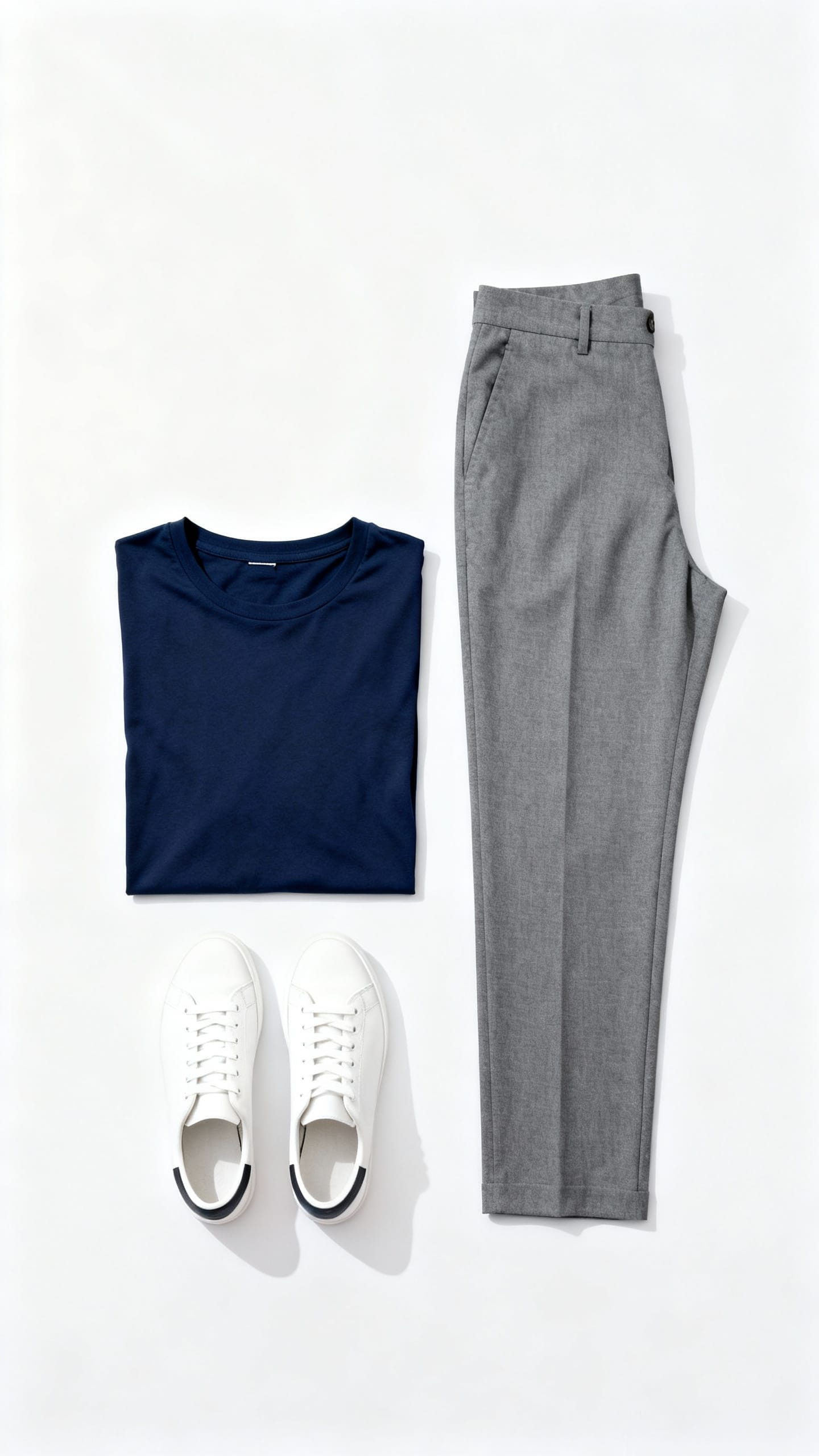 minimalist wardrobe flatlay: navy tee, gray trousers, white sneakers