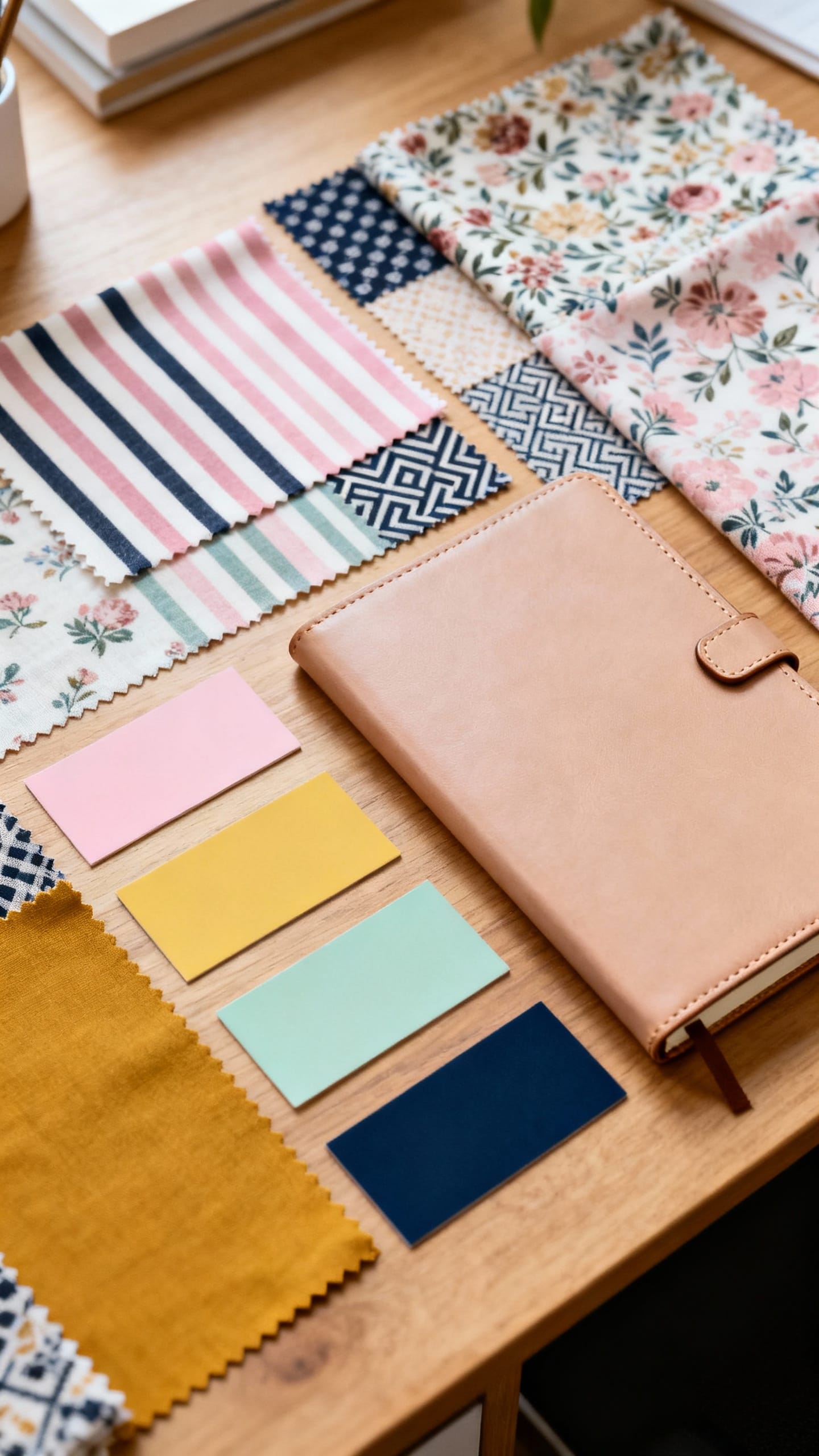mood board on desk: printed outfits, color swatches, notebook