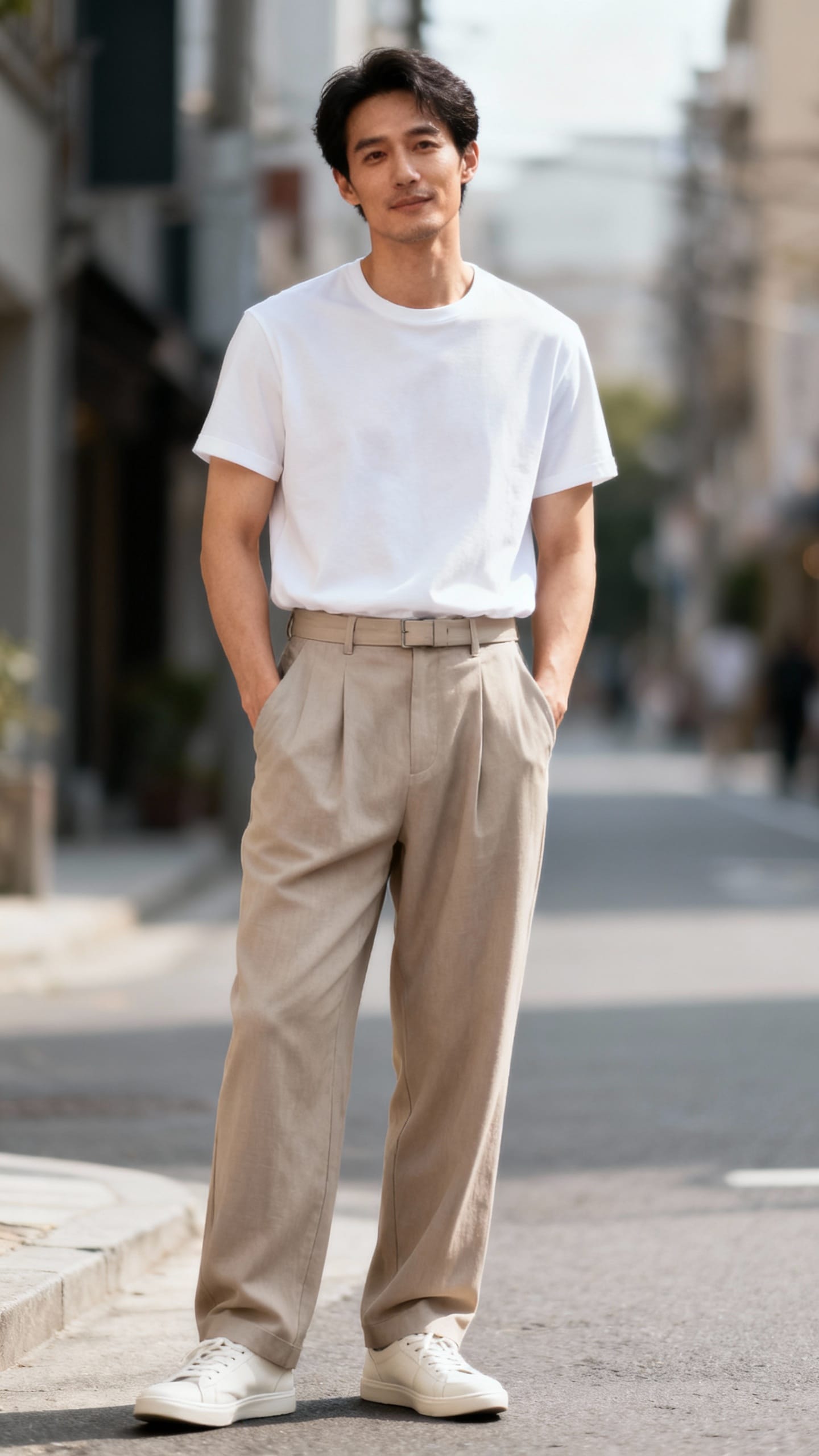 man in relaxed trousers, tucked white tee, clean sneakers