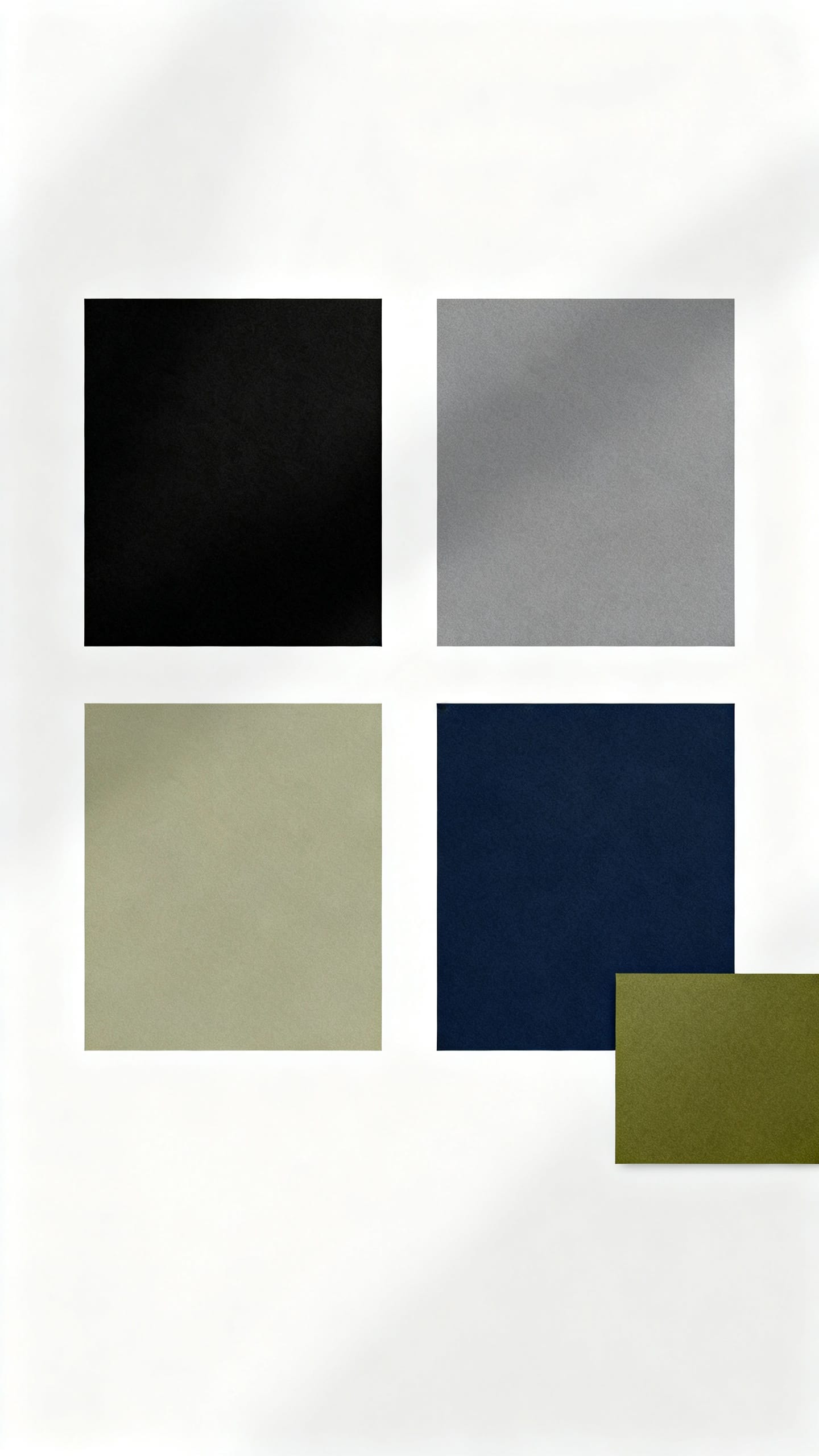 neutral palette swatches: black, gray, navy with olive accent