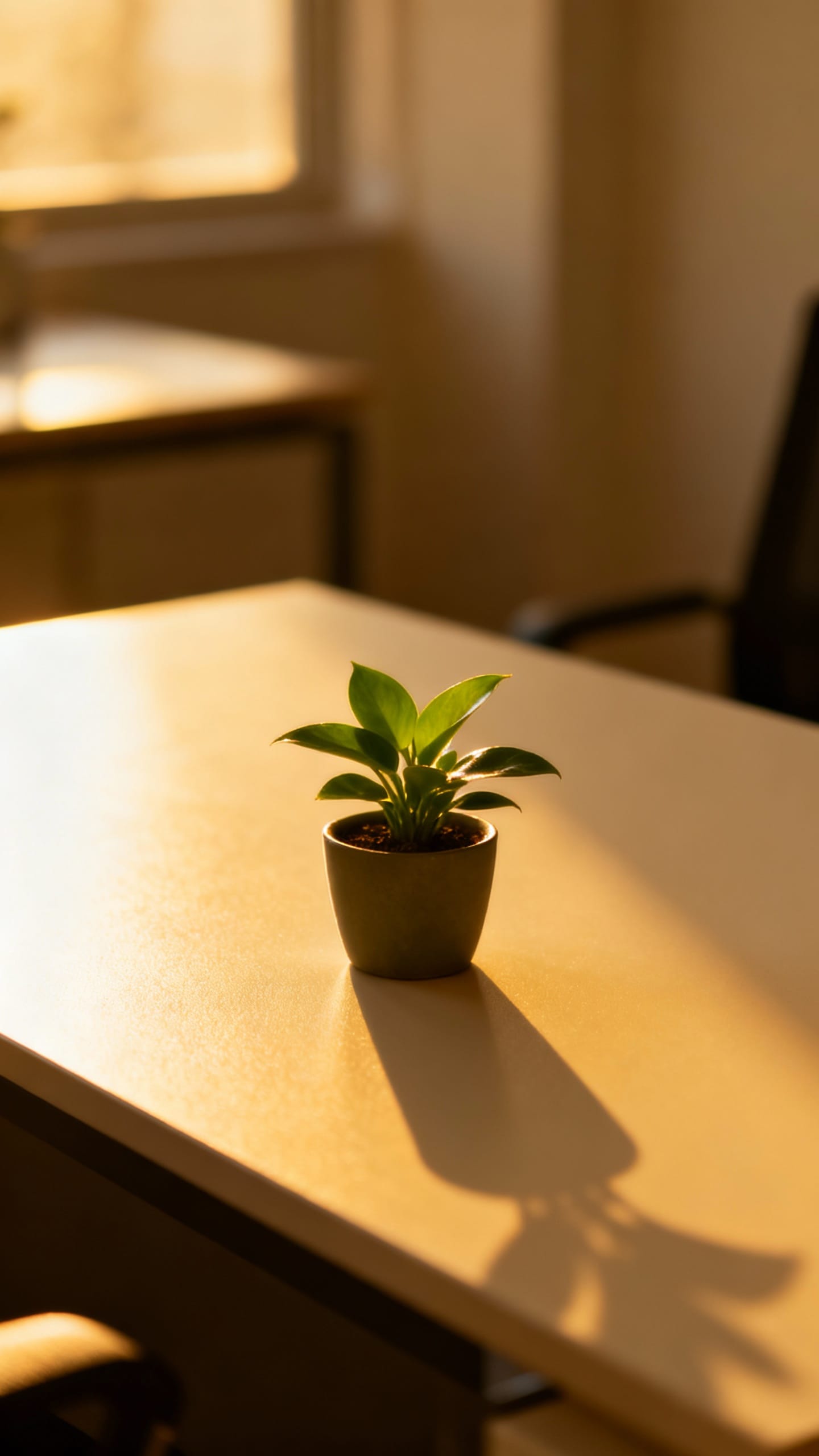 sunlit minimalist desk with clean surface and single plant