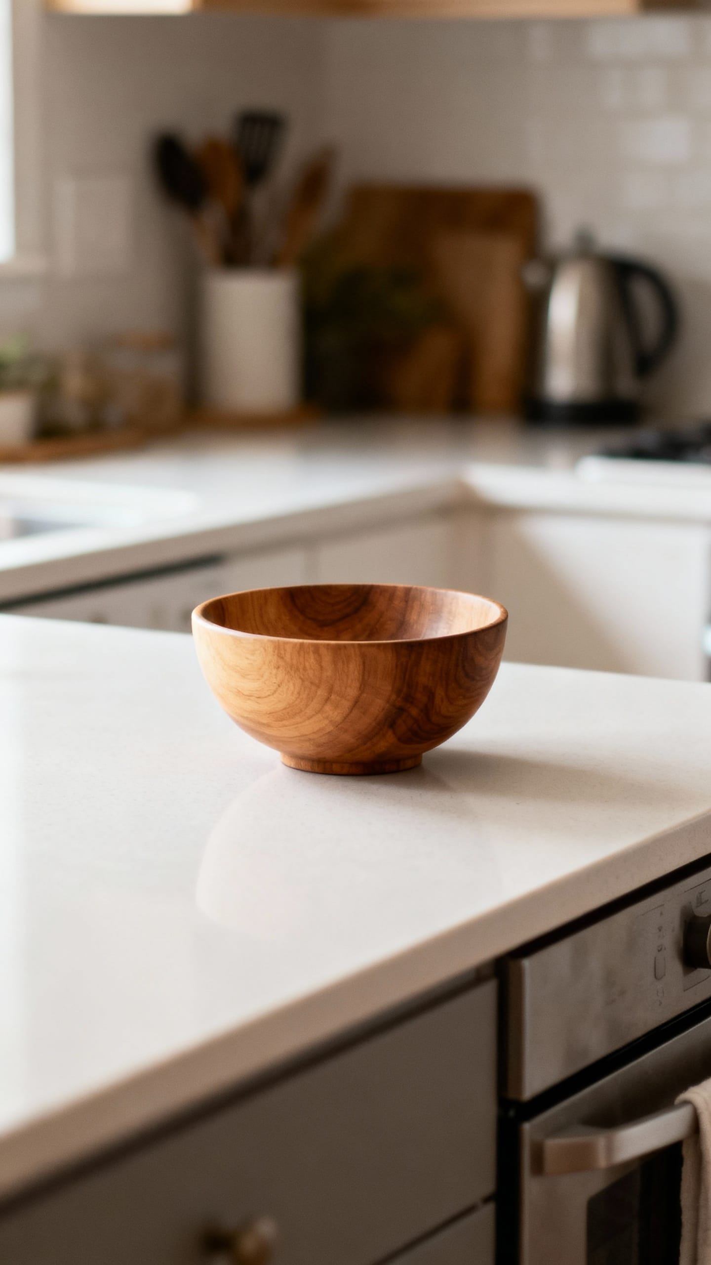 decluttered kitchen counter with clear space and wooden bowl