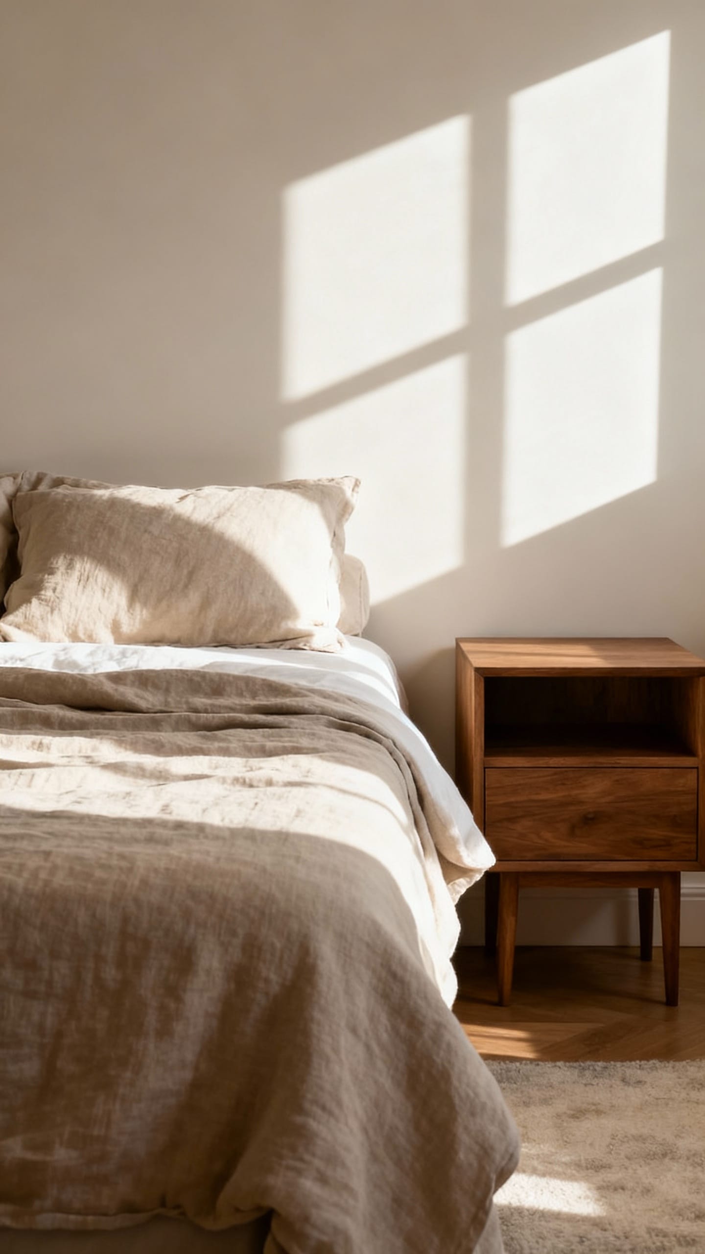 soft daylight bedroom with neutral linens and no clutter
