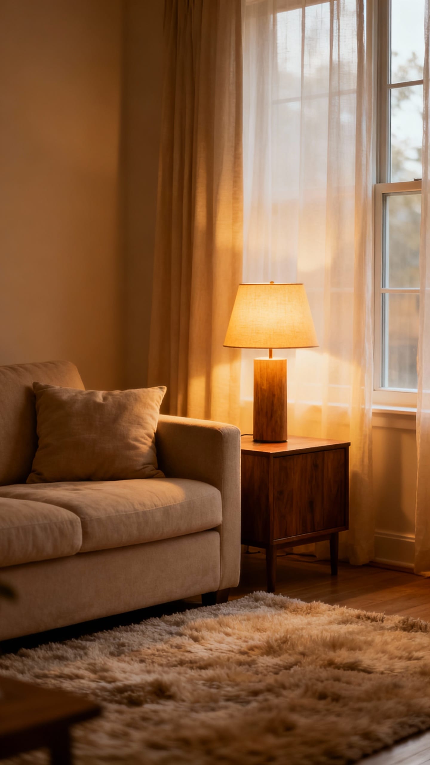 warm-toned living room, dimmable lamp, calm color palette