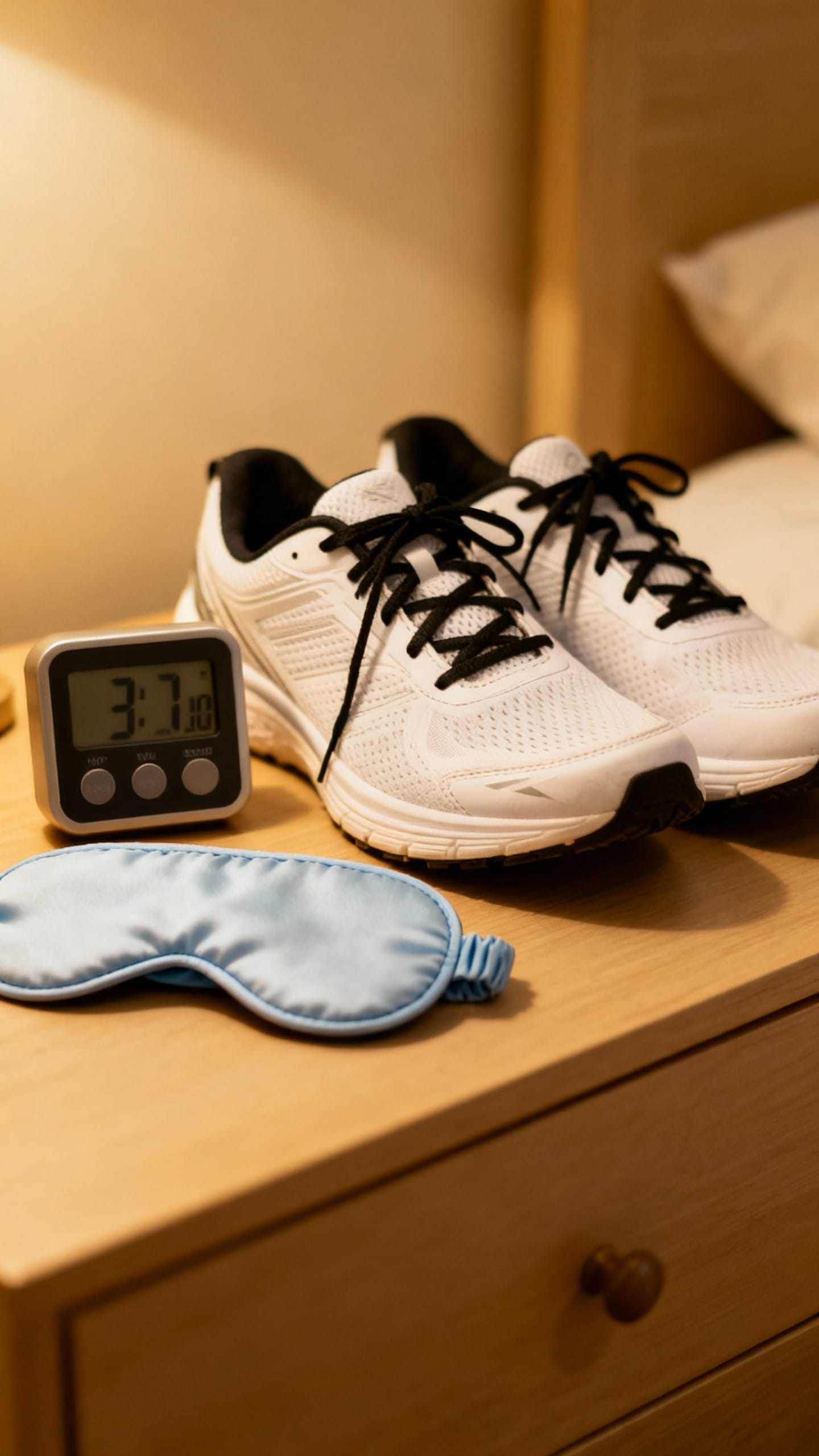 Timer and running shoes beside sleep mask on nightstand