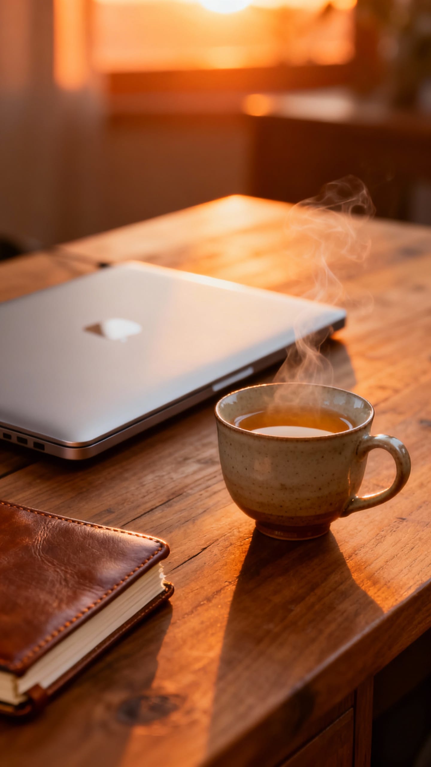 Desk with closed laptop, notebook, and steeping tea at sunset