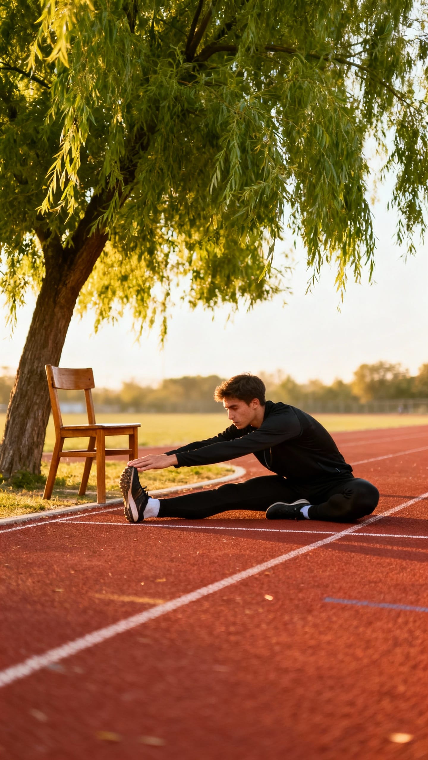 Athlete stretching on track, empty chair under tree nearby