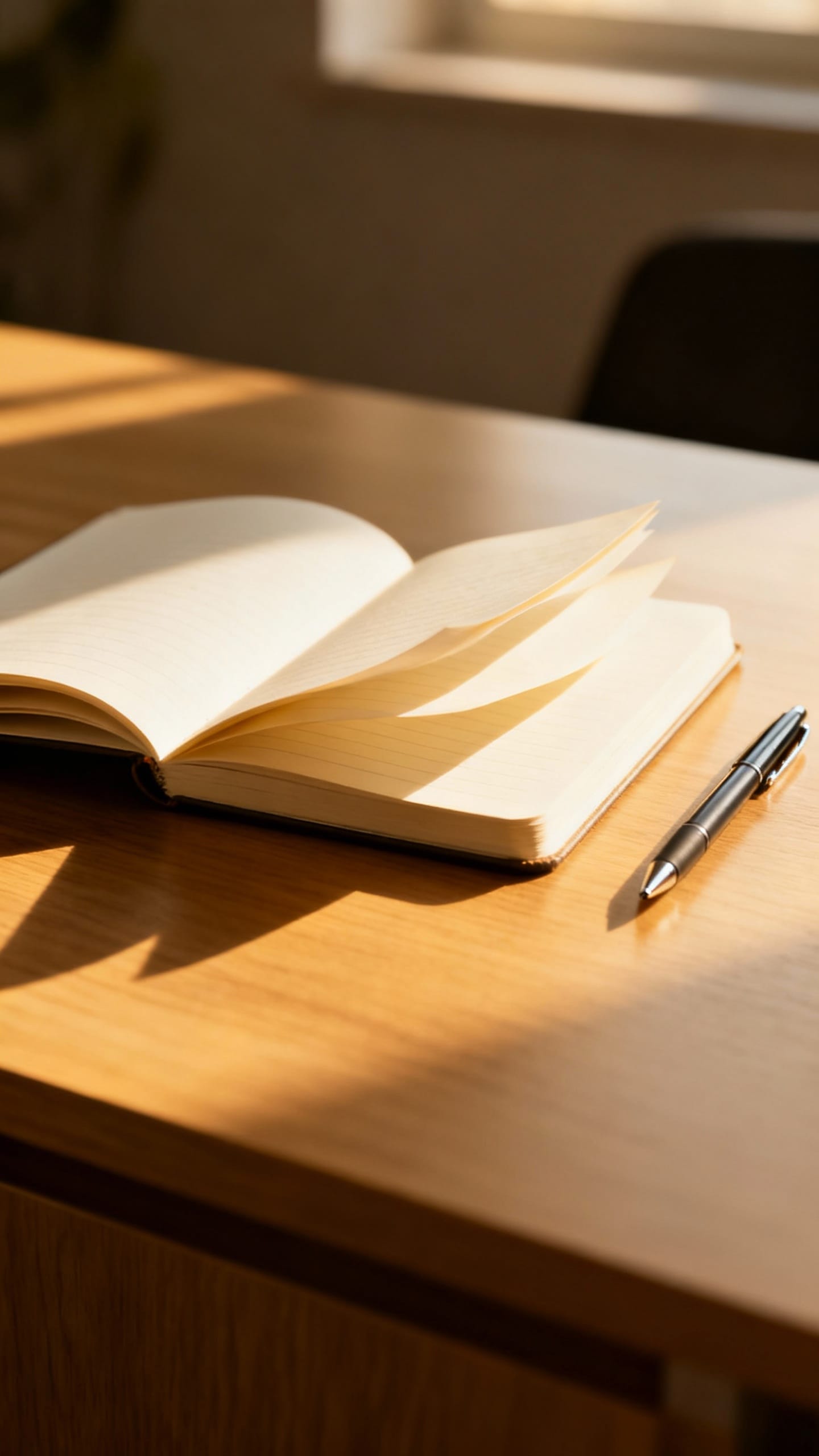 minimalist desk with one notebook and pen, morning light