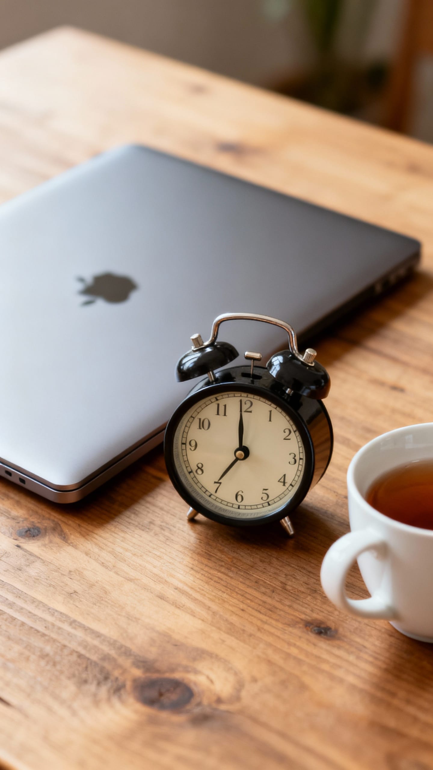 closed laptop beside analog timer and tea, wooden table