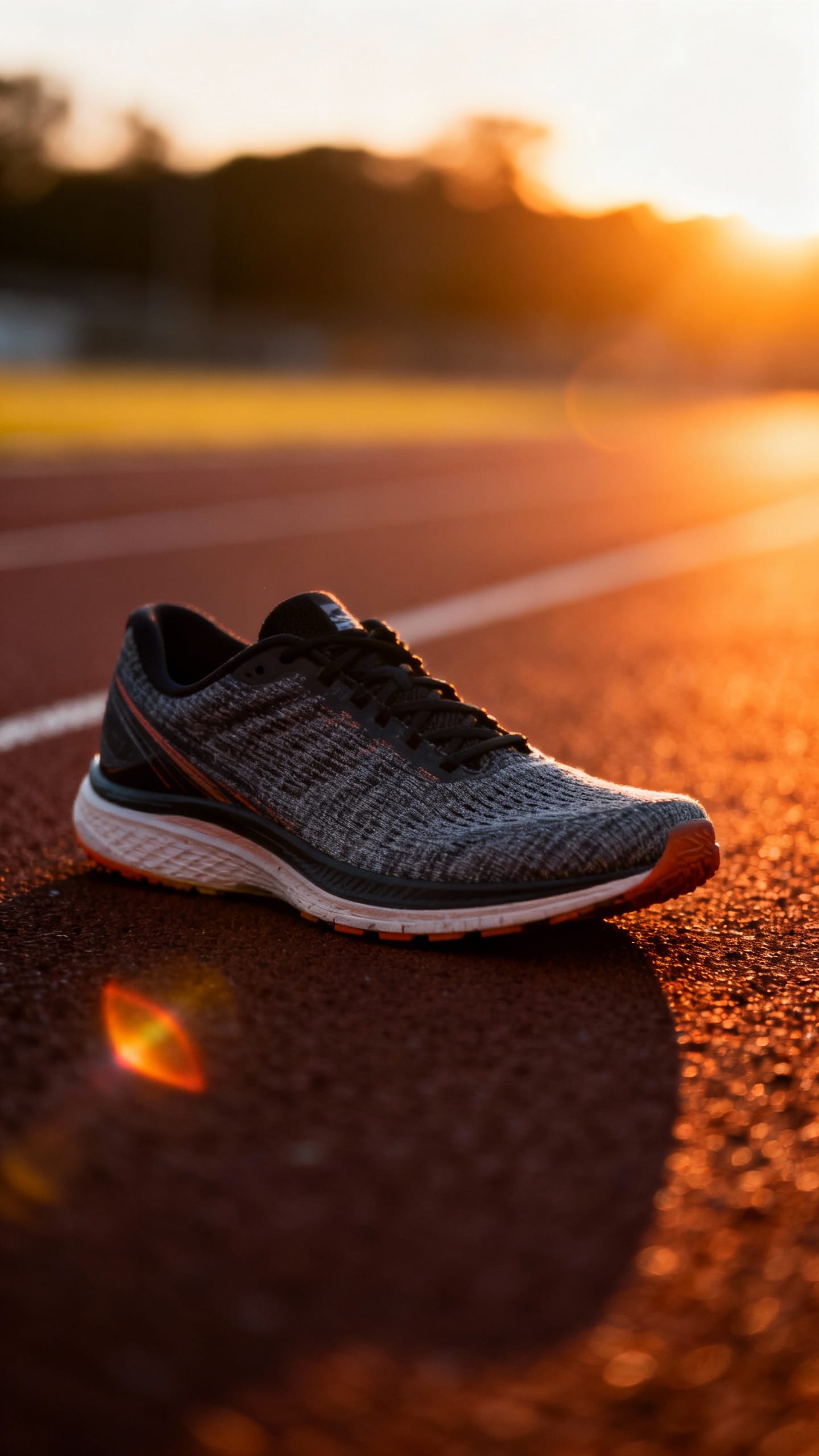 single running shoe on track, soft sunrise backlight