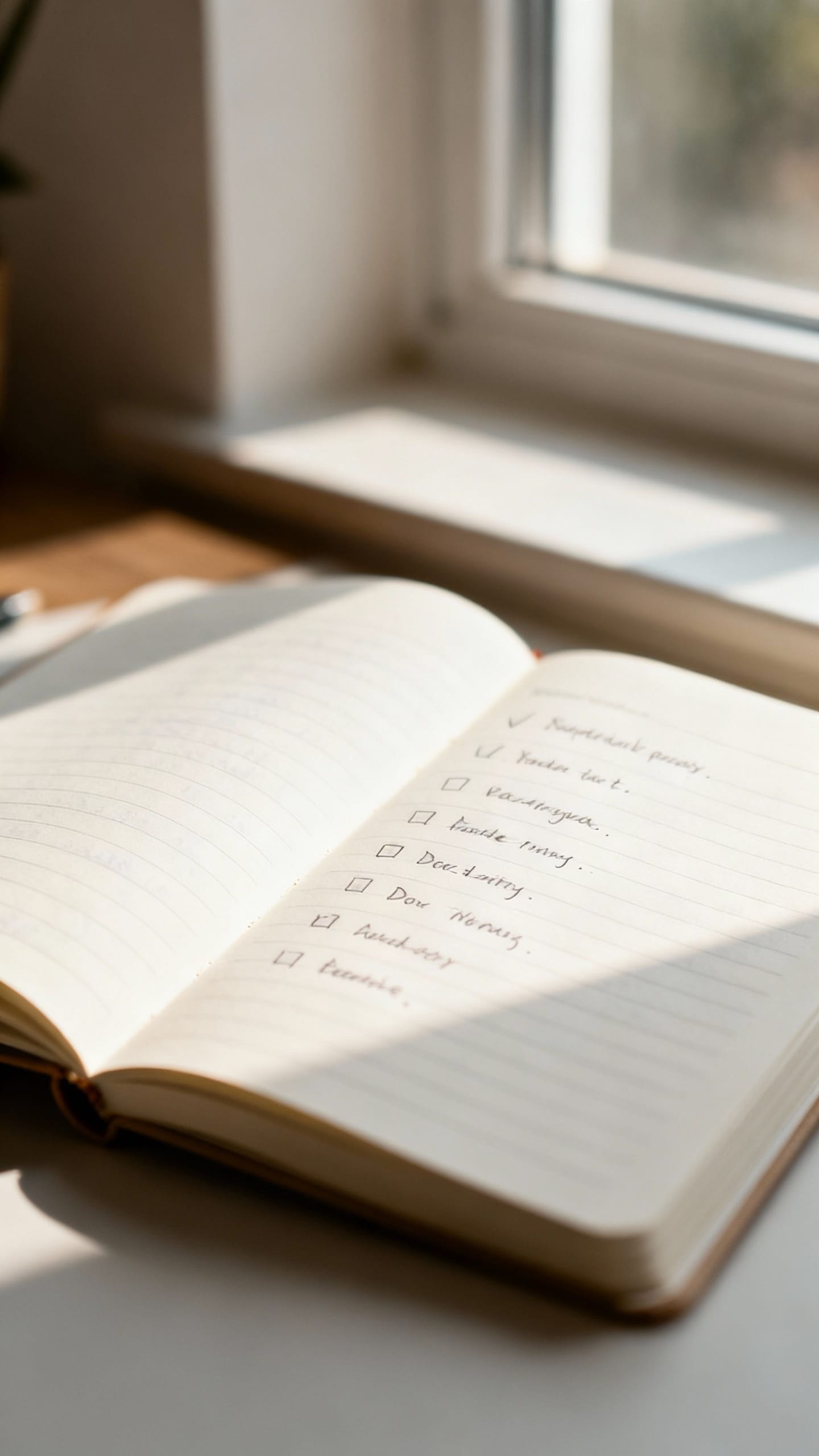 open notebook with focused to-do list, natural window light