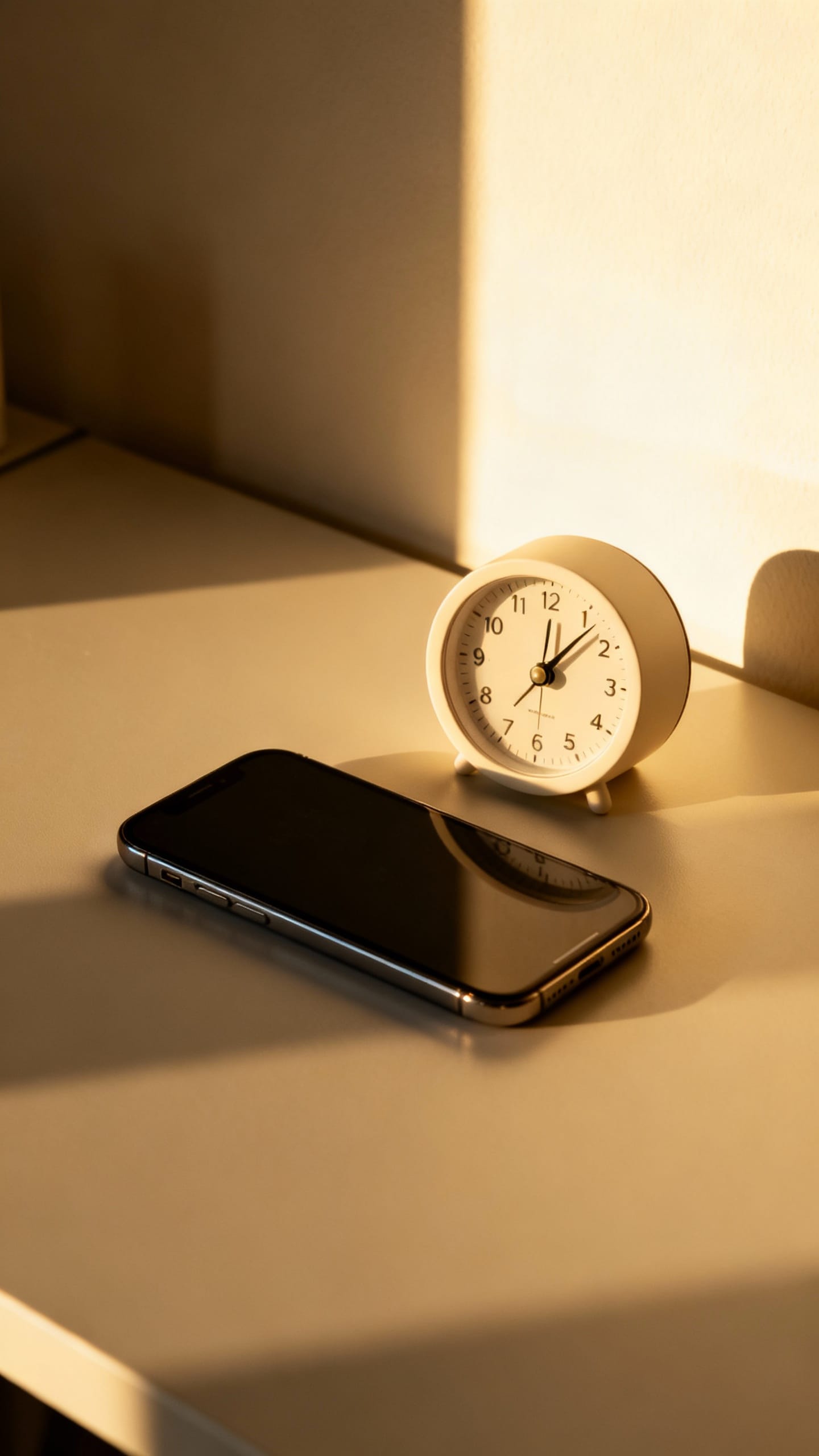 smartphone face down beside timer, minimalist desk, morning light