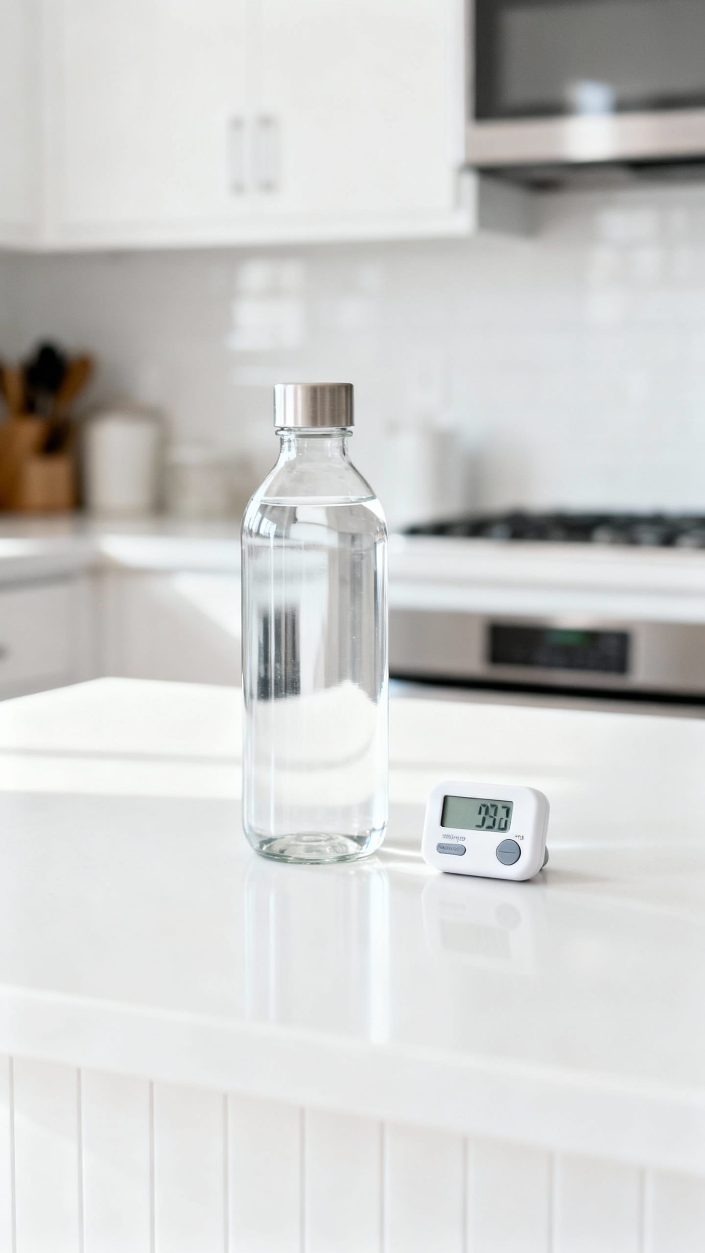 glass water bottle and step counter on white kitchen counter