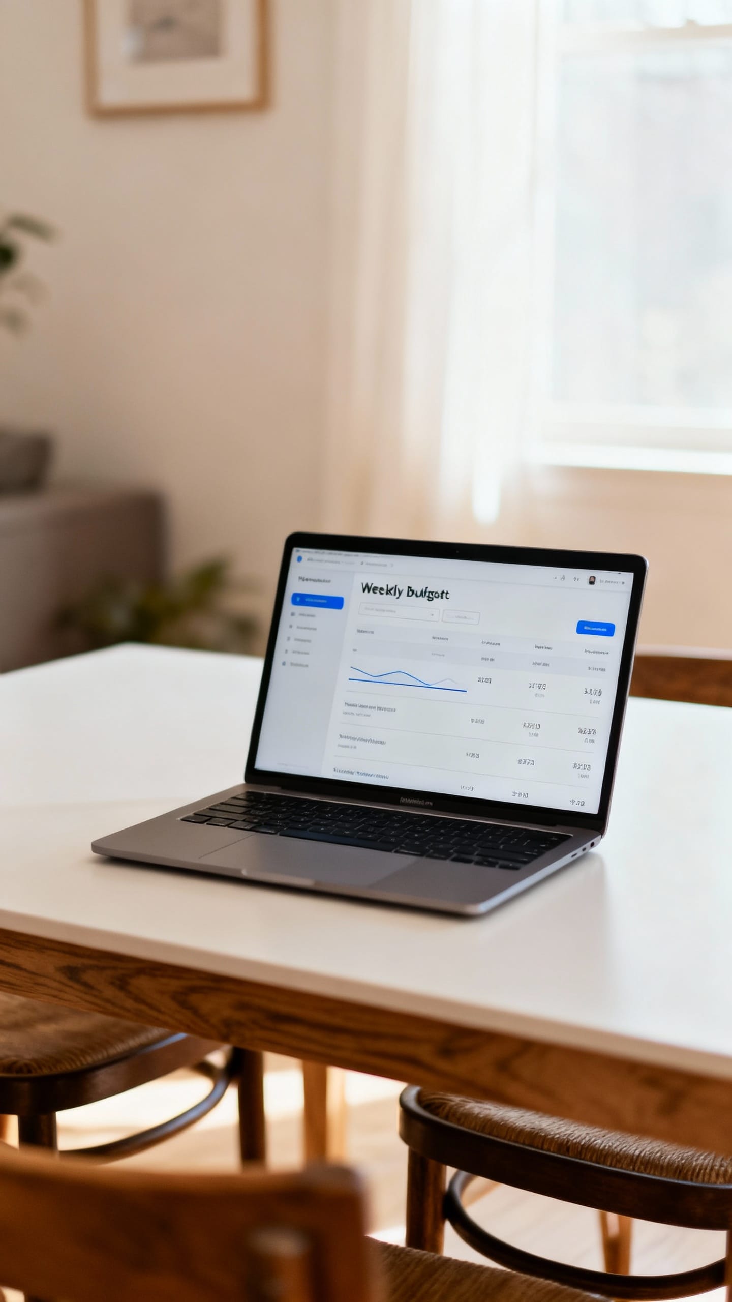 weekly budget dashboard on laptop, tidy dining table, natural light