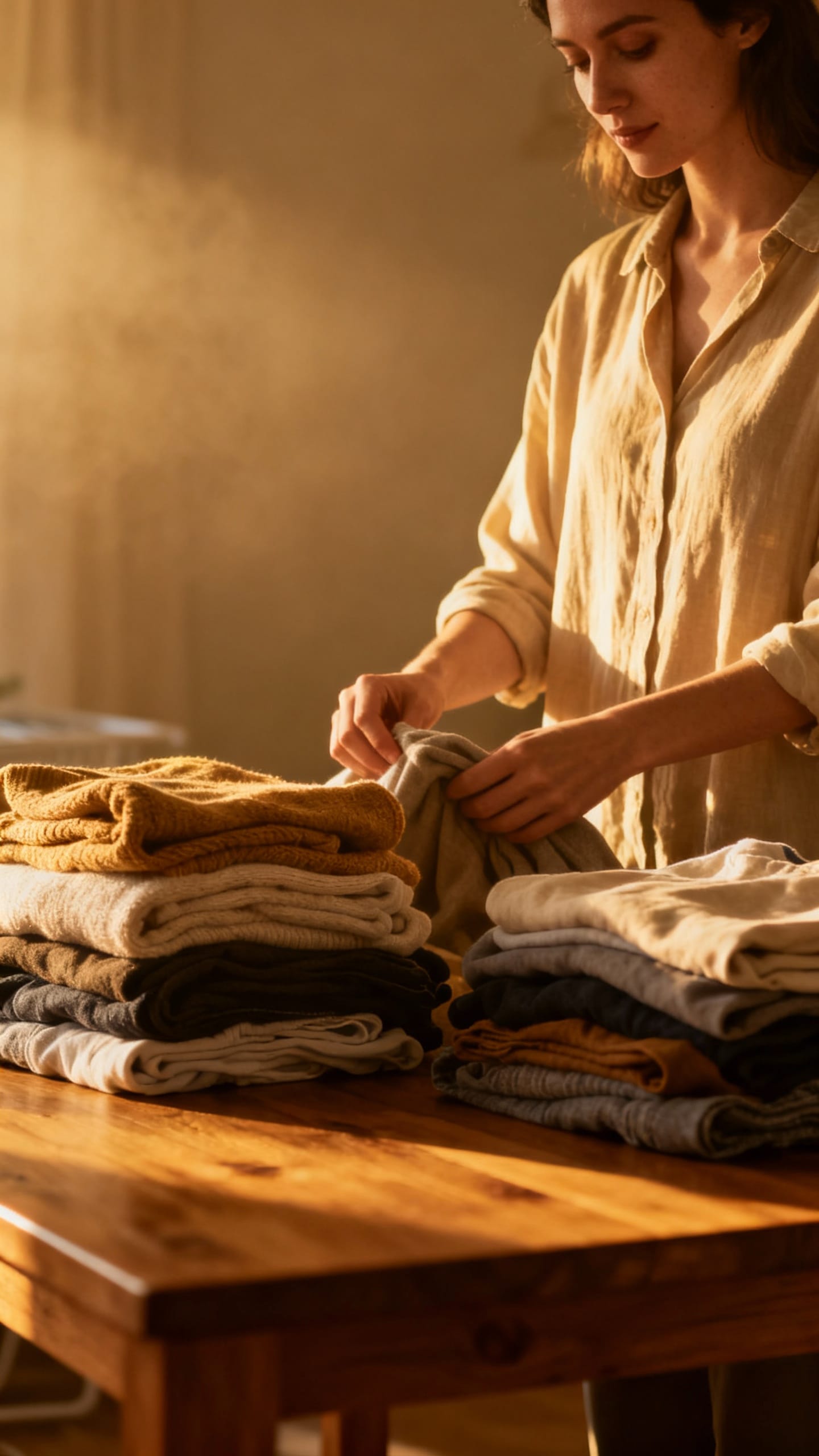 woman folding laundry under warm lamp light