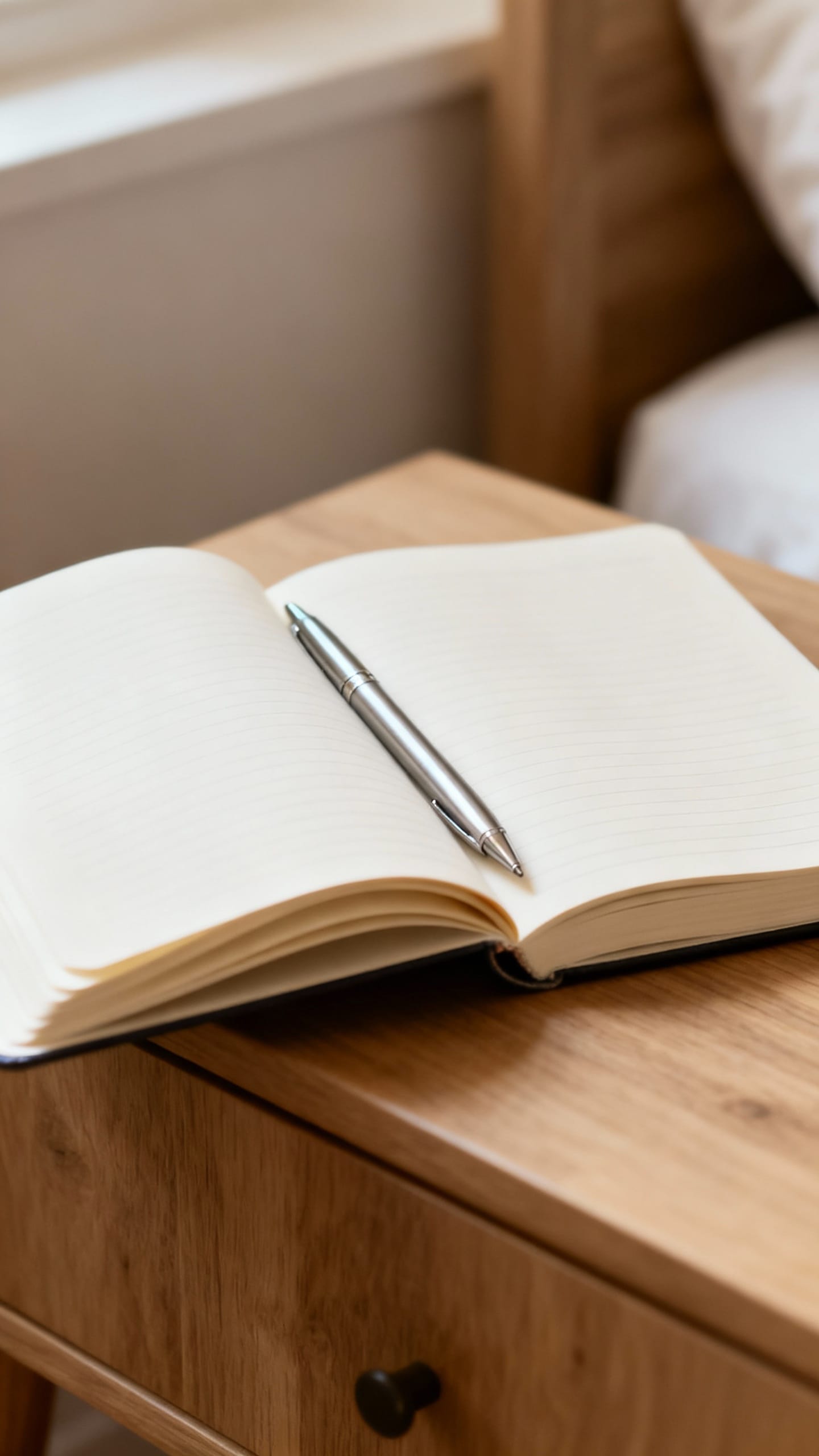 open journal with pen on bedside table