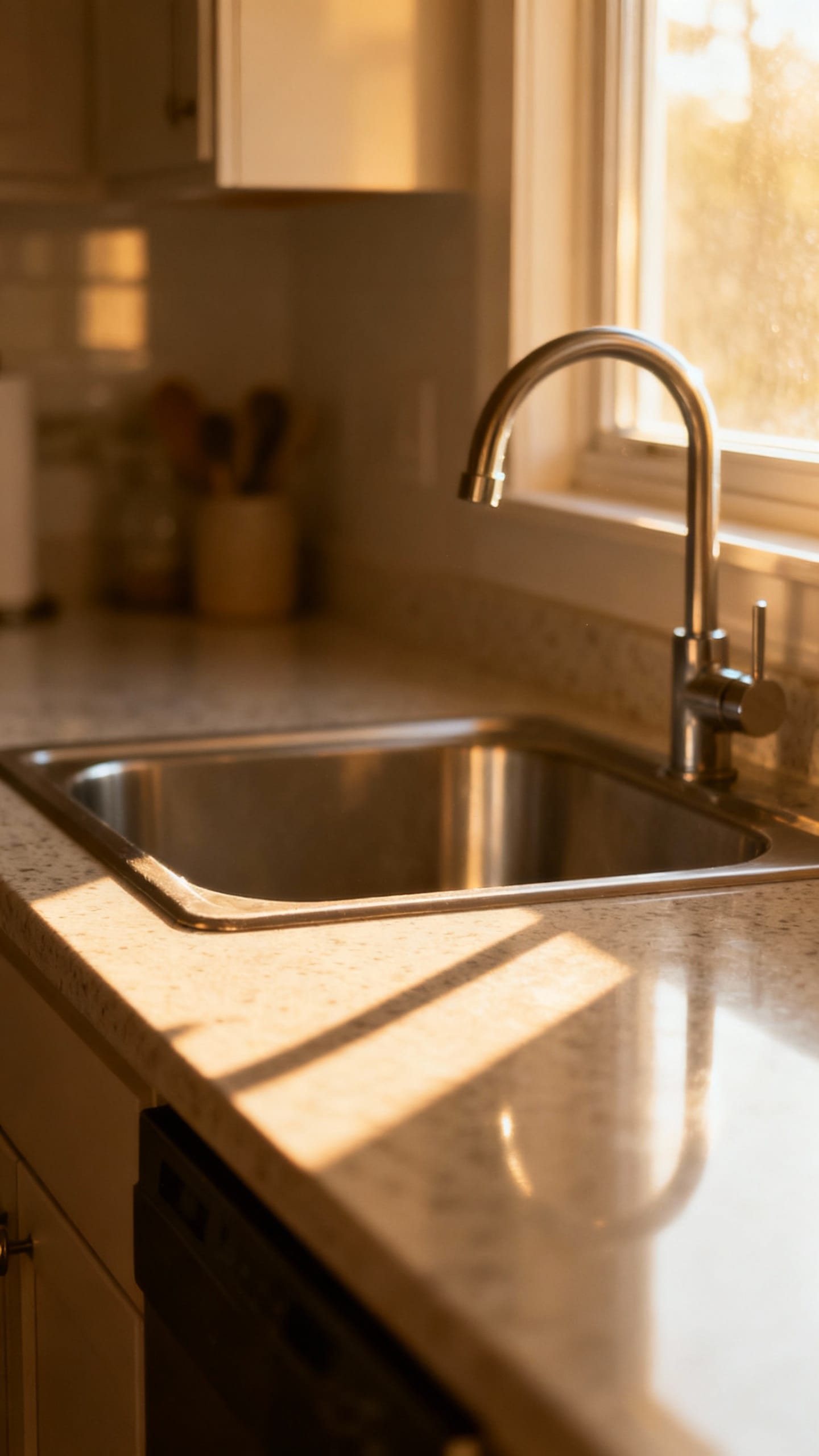 tidy kitchen counter with empty sink, morning light