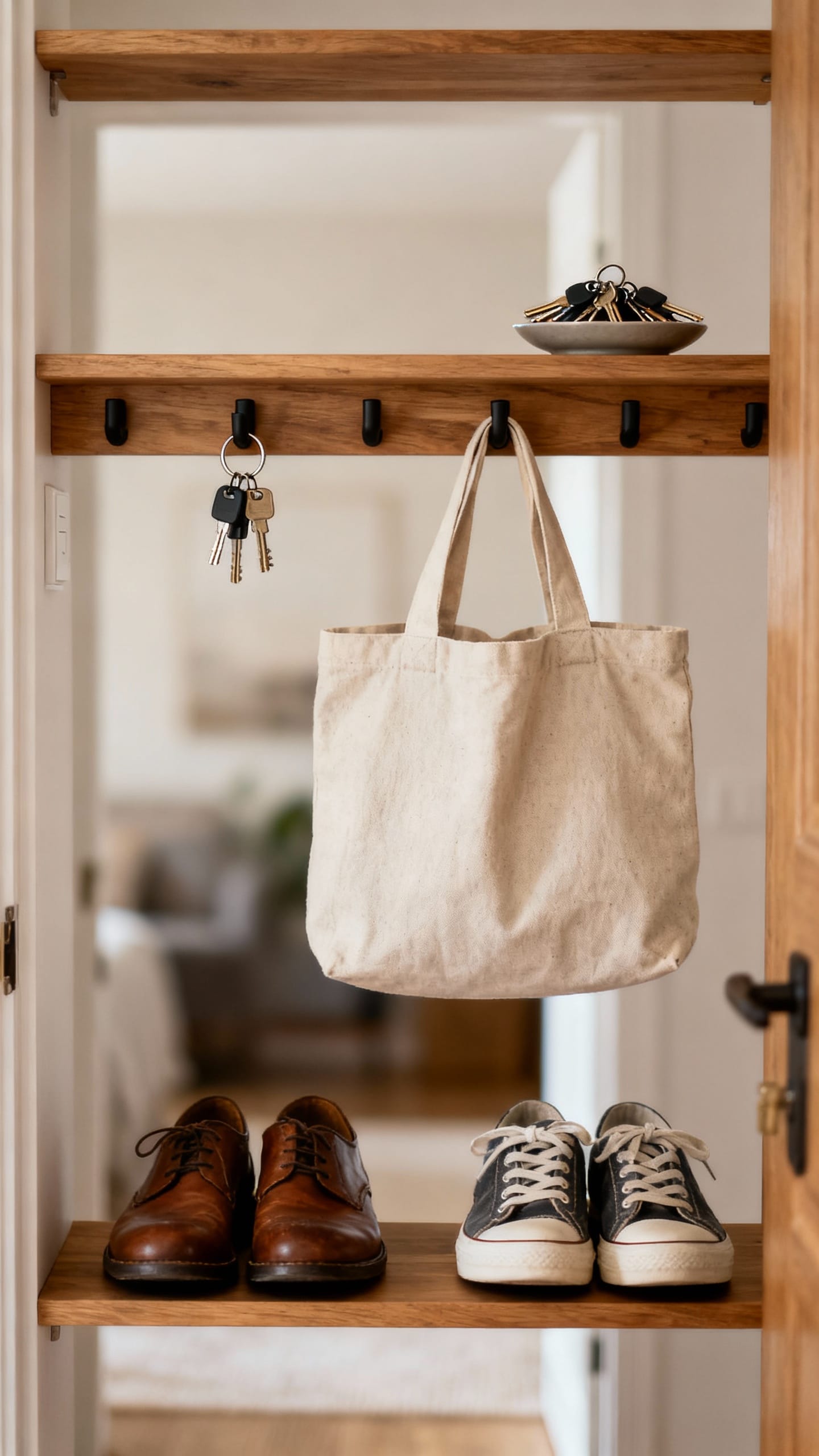 organized entryway with keys, bag, and shoes on rack