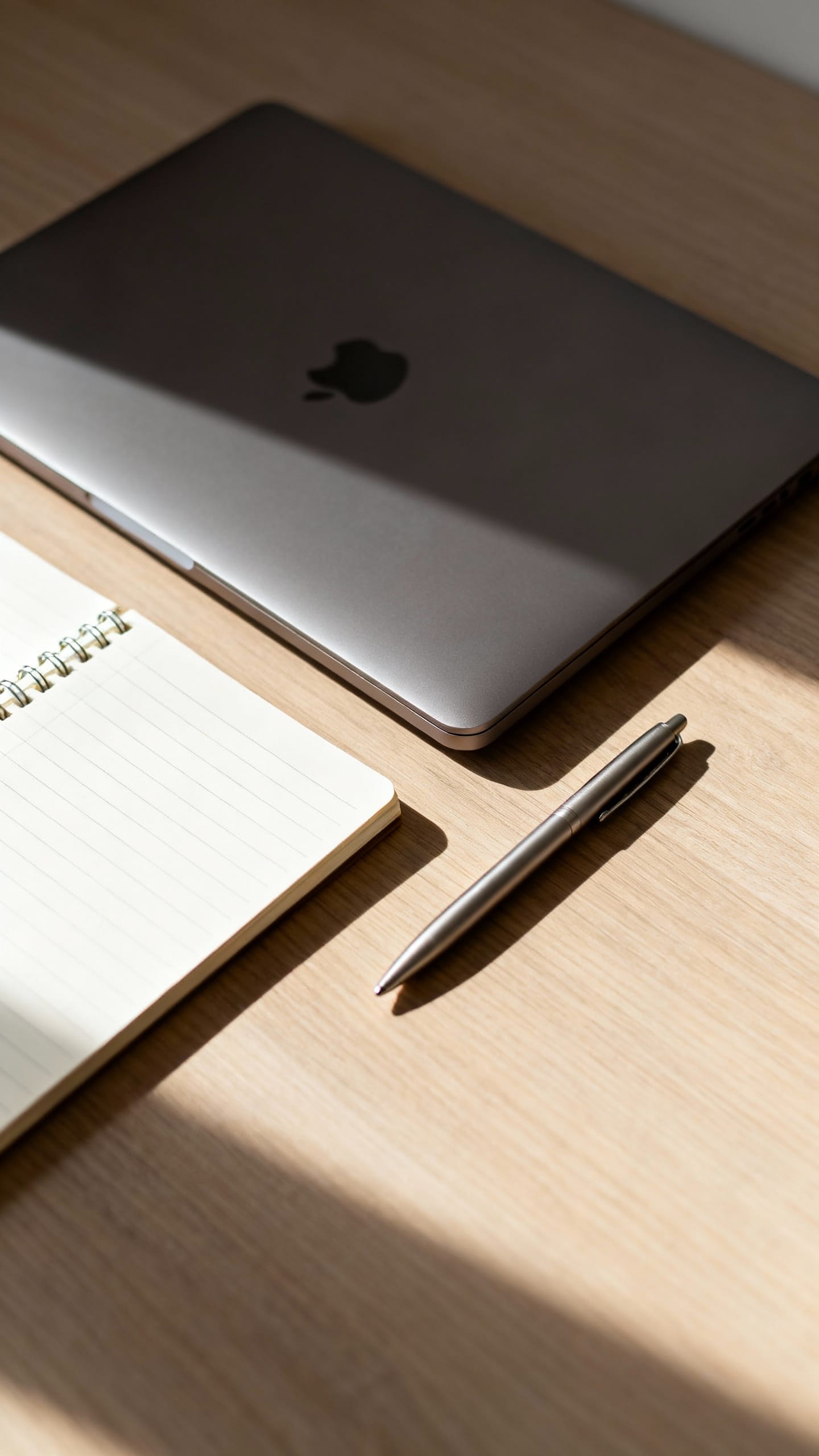 minimalist desk with closed laptop, notepad, pen, soft light