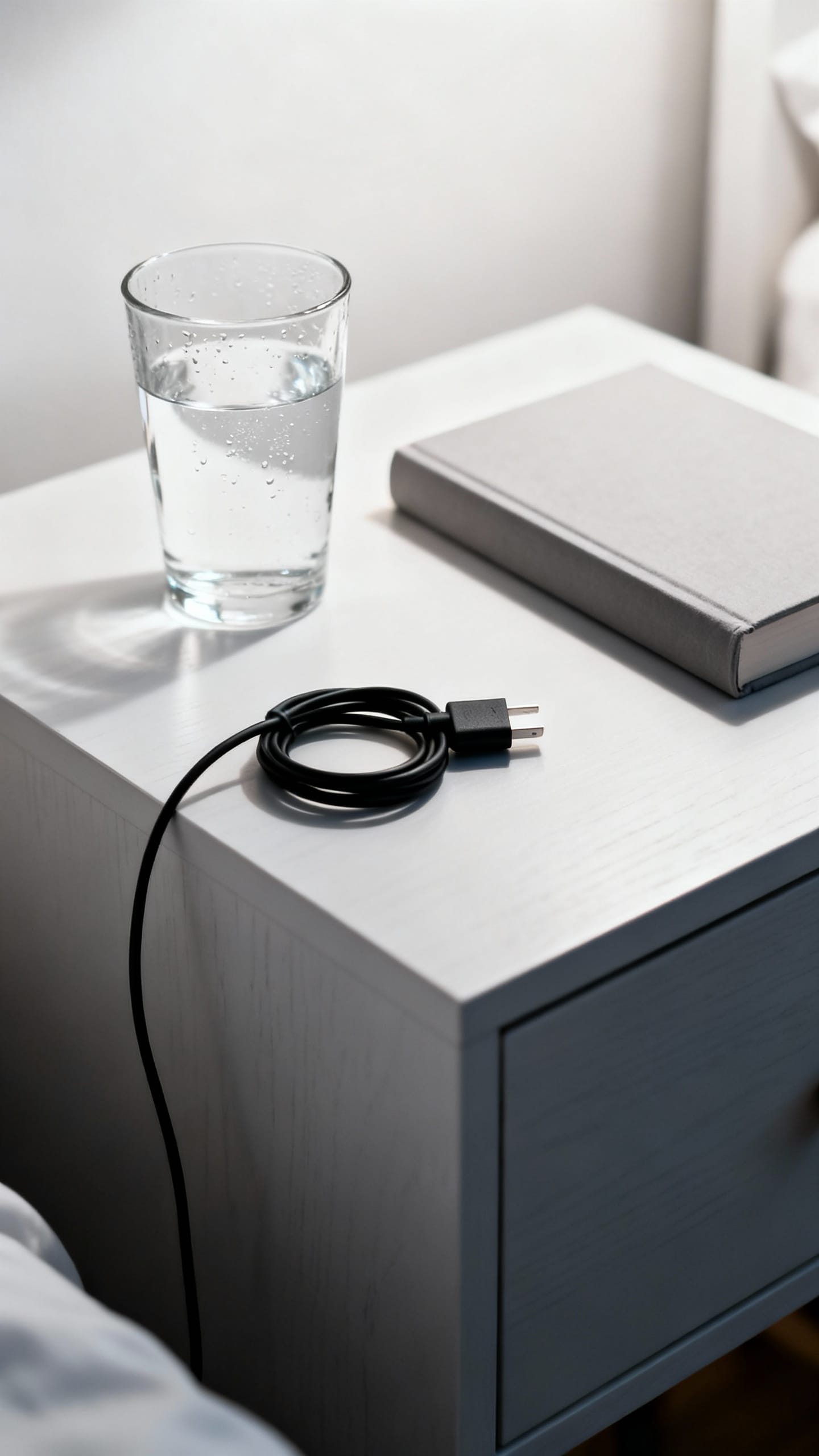 clean nightstand with water glass, single book, phone charger