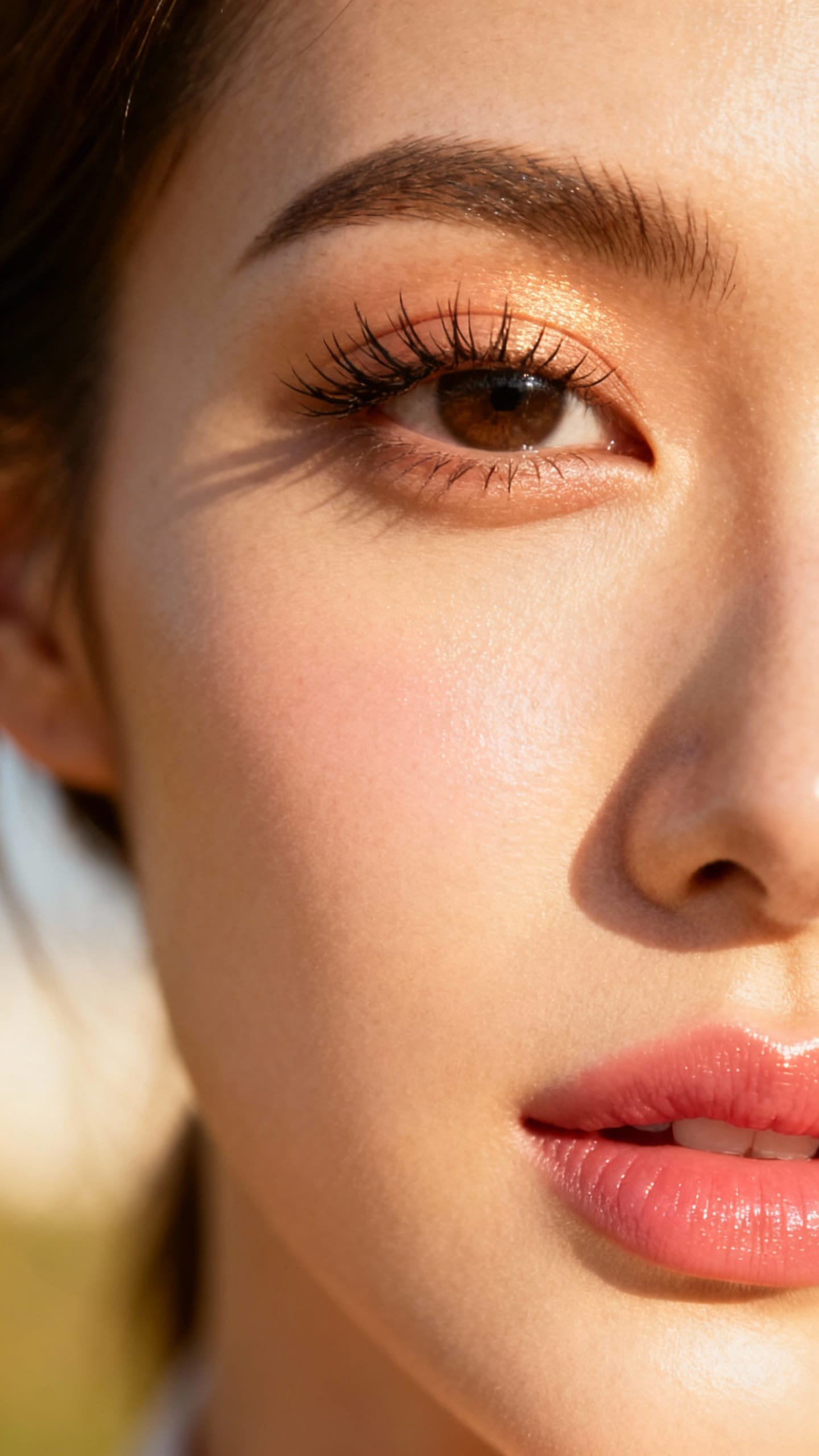 woman with fresh skin, fluffy lashes, rosy lip, morning light