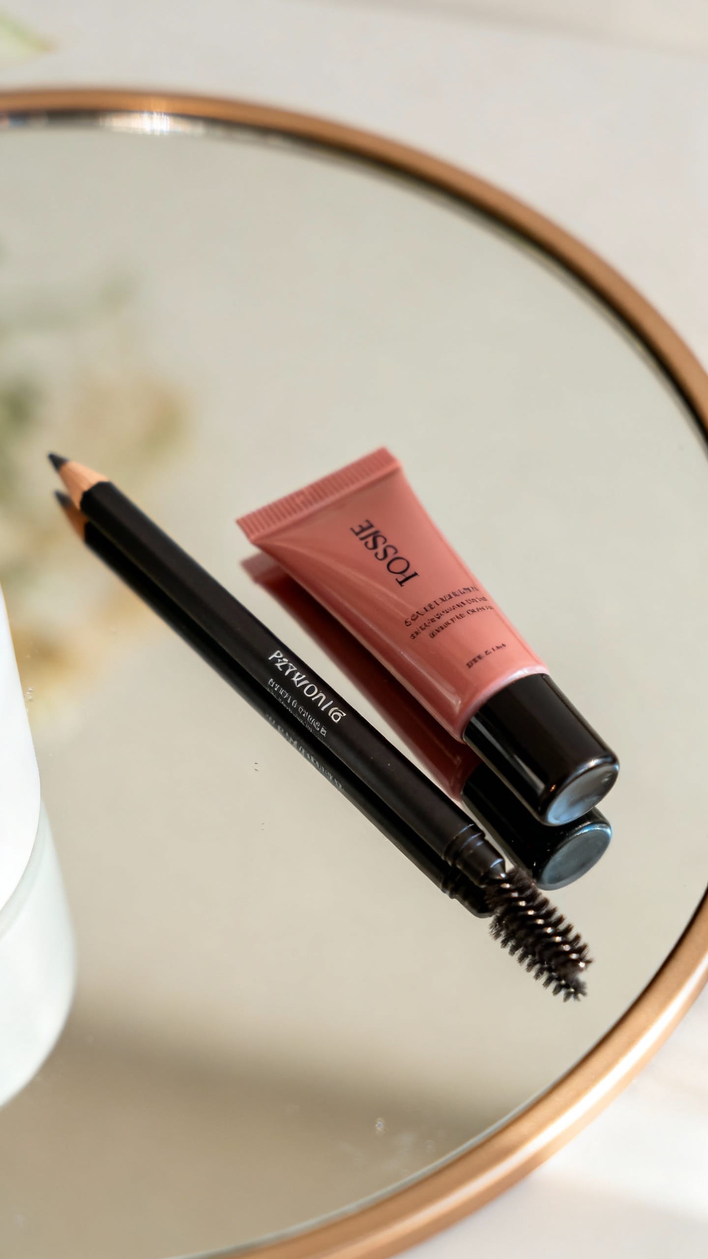 simple vanity: brow pencil, rosy balm, clean mirror