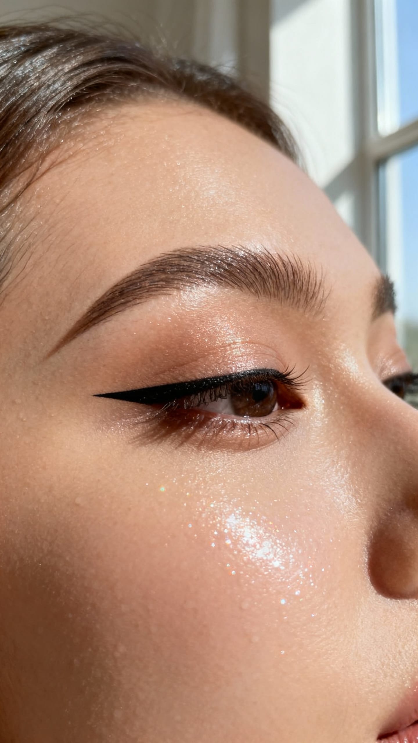 close-up winged eyeliner, natural brows, dewy skin, 8 a.m. window light