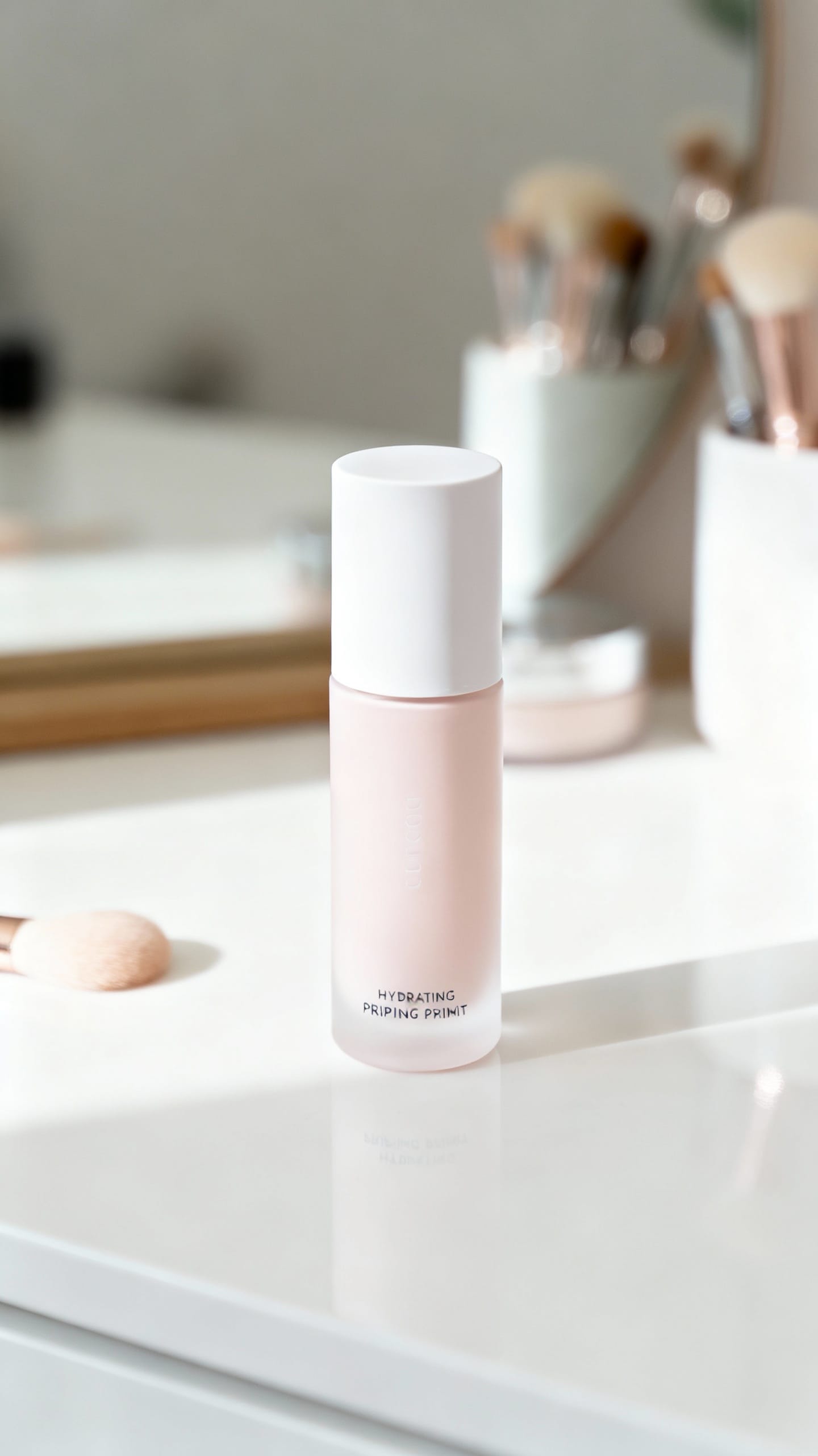 Hydrating gripping primer bottle on clean vanity, soft daylight