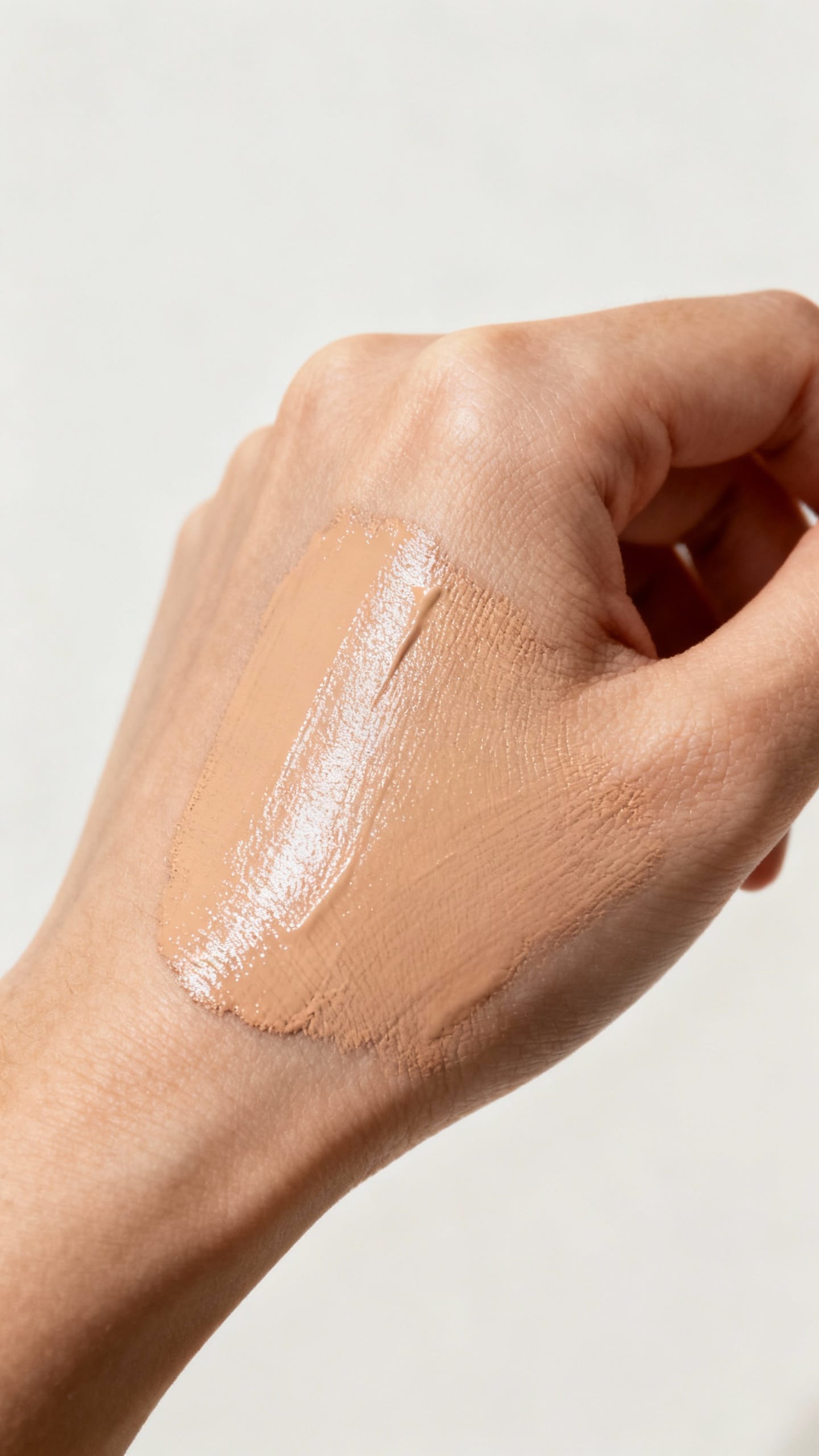 Medium-coverage skin tint swatched on hand, neutral background