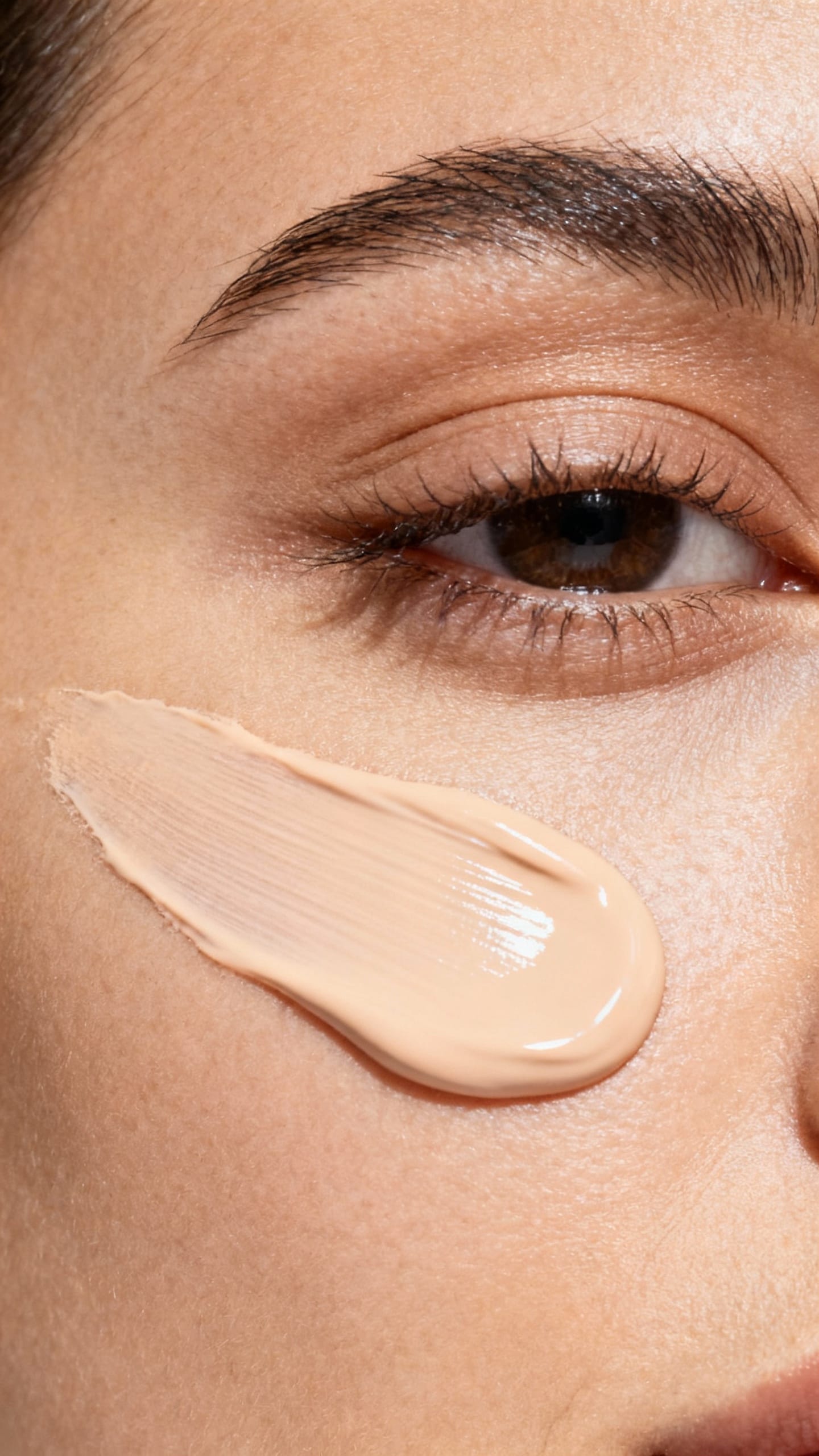 Stretchy concealer applied under one eye, close-up, natural skin