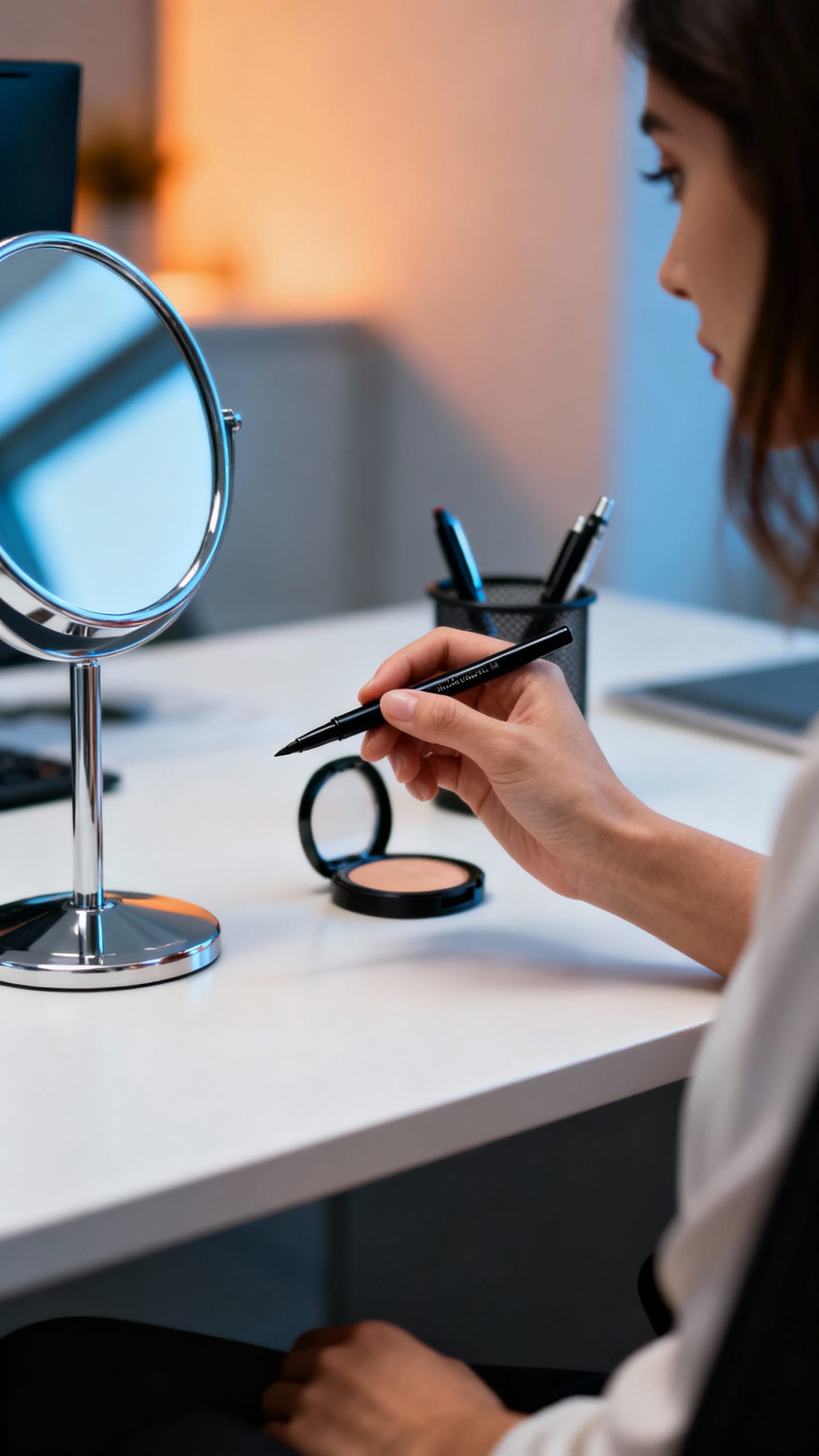Day-to-night eyeliner touch-up at desk, sleek office lighting
