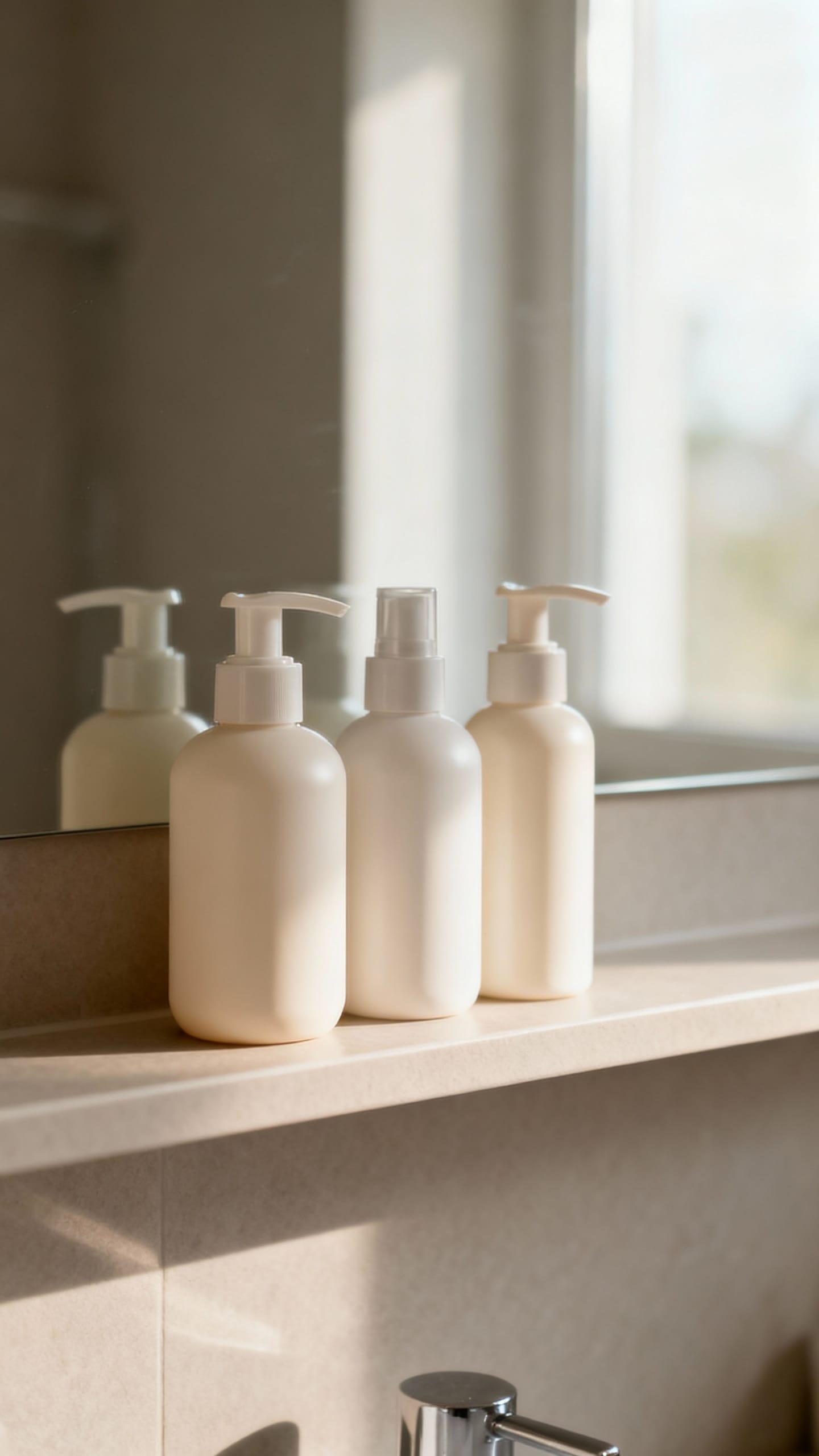 Minimalist bathroom shelf with four skincare bottles, natural light